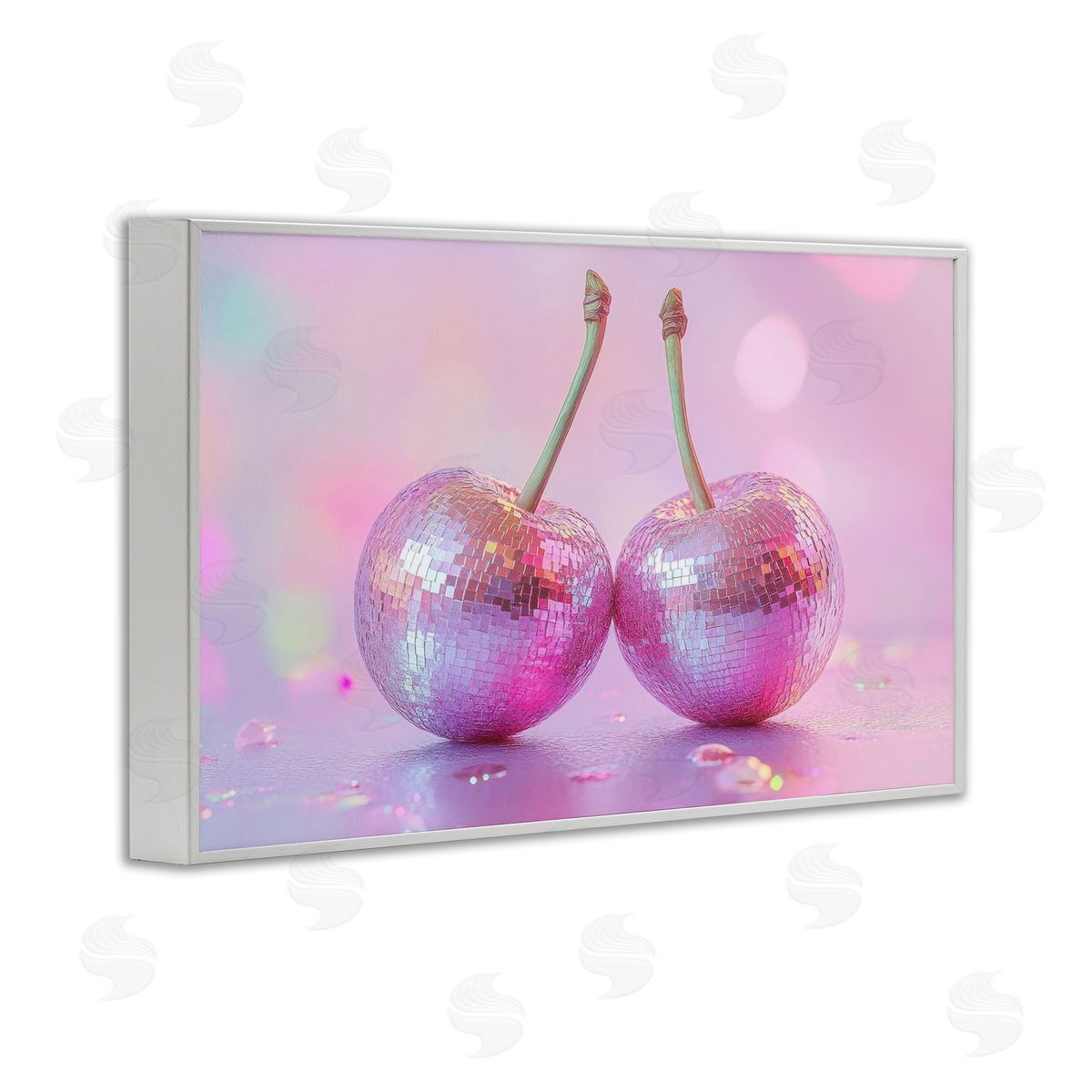 Pastel Shine Disco Cherries White Frame Print Wall Art, Home Decor by LSR Creative Studio