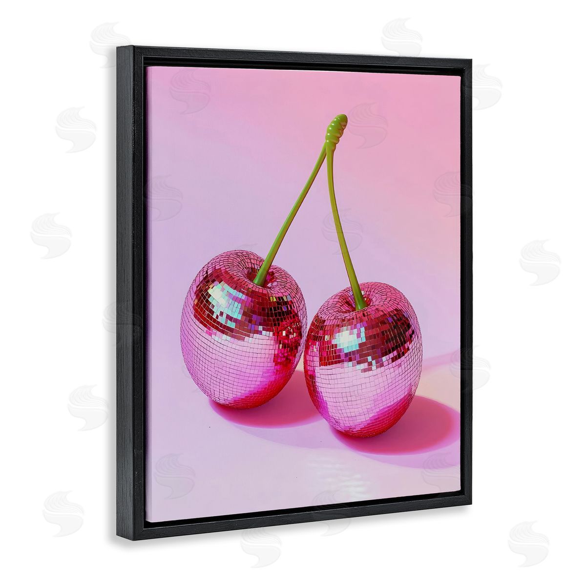 Pink Disco Cherries Black Floating Frame Canvas Wall Art, Home Decor by LSR Creative Studio