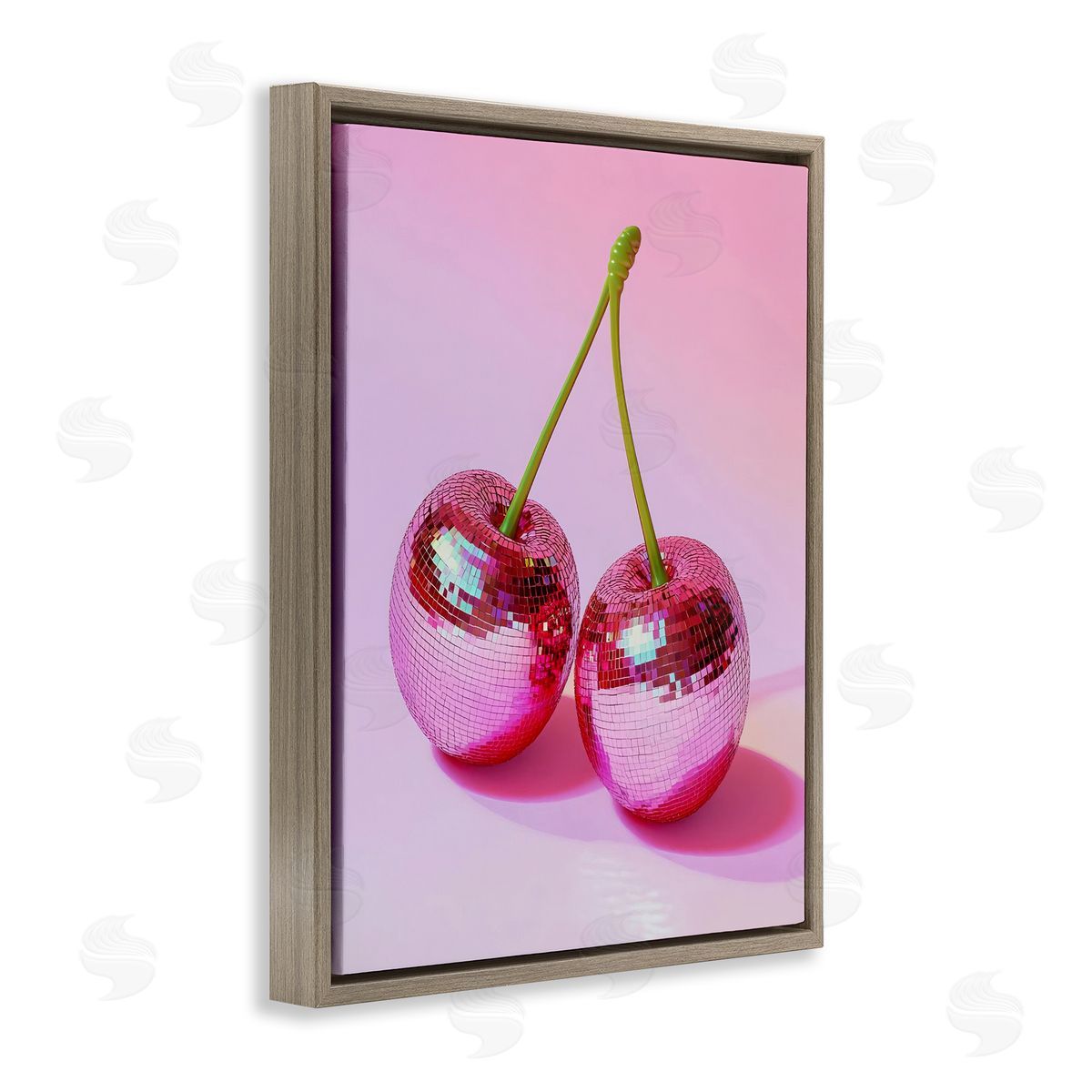 Pink Disco Cherries Brown Floating Frame Canvas Wall Art, Home Decor by LSR Creative Studio