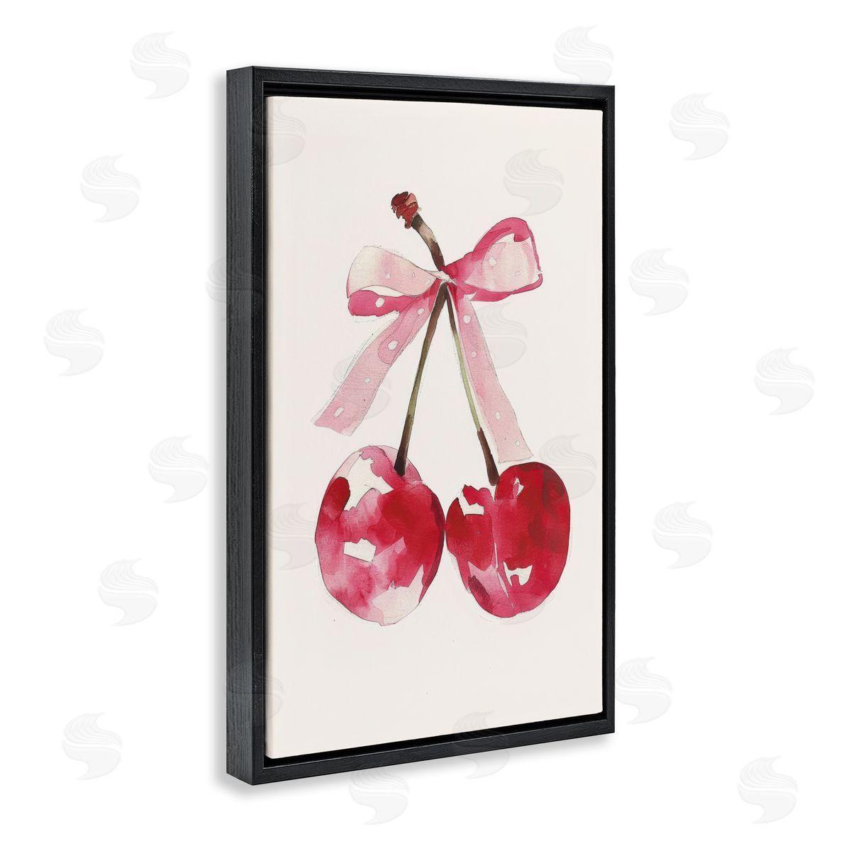 Mod Cherries Tied in Bow Black Floating Frame Canvas Wall Art, Home Decor by LSR Creative Studio