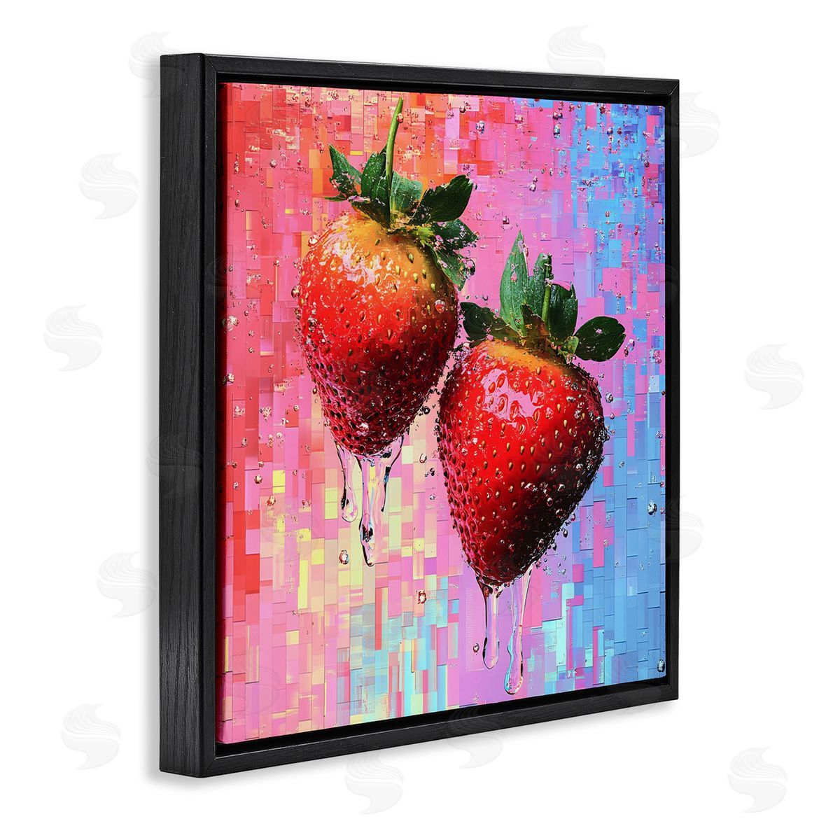 Lush Strawberries with Water Drip Black Floating Frame Canvas Wall Art, Home Decor by LSR Creative Studio