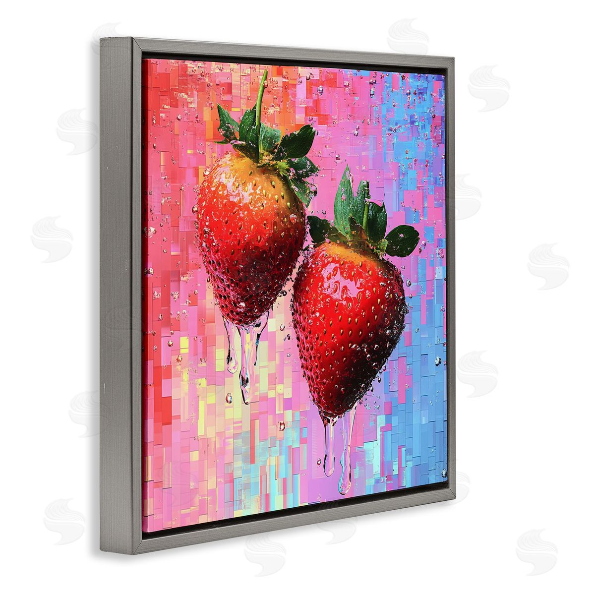 Lush Strawberries with Water Drip Grey Floating Frame Canvas Wall Art, Home Decor by LSR Creative Studio