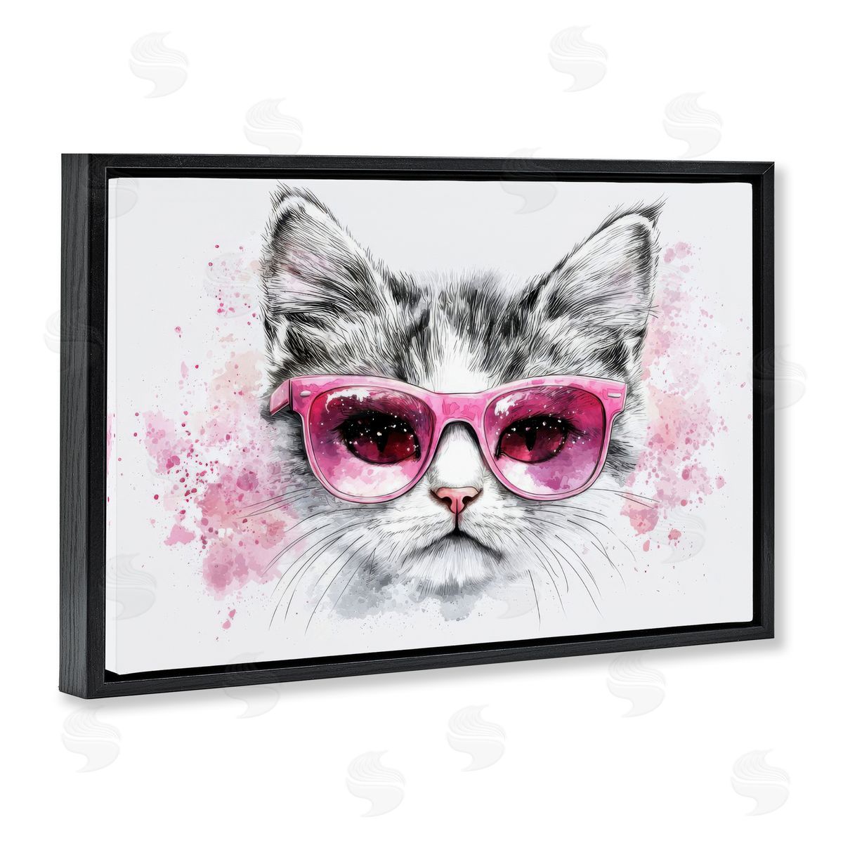 Cool Cat with Sunglasses Black Floating Frame Canvas Wall Art, Home Decor by LSR Creative Studio