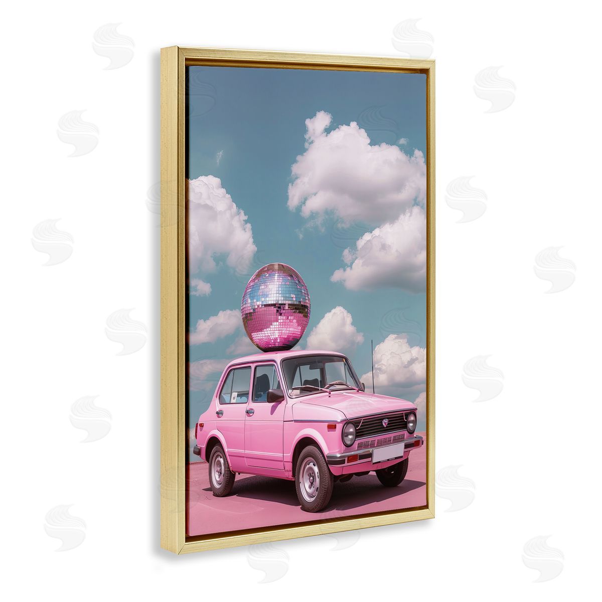 Disco Ball Car & Clouds Gold Floating Frame Canvas Wall Art, Home Decor by LSR Design Studio