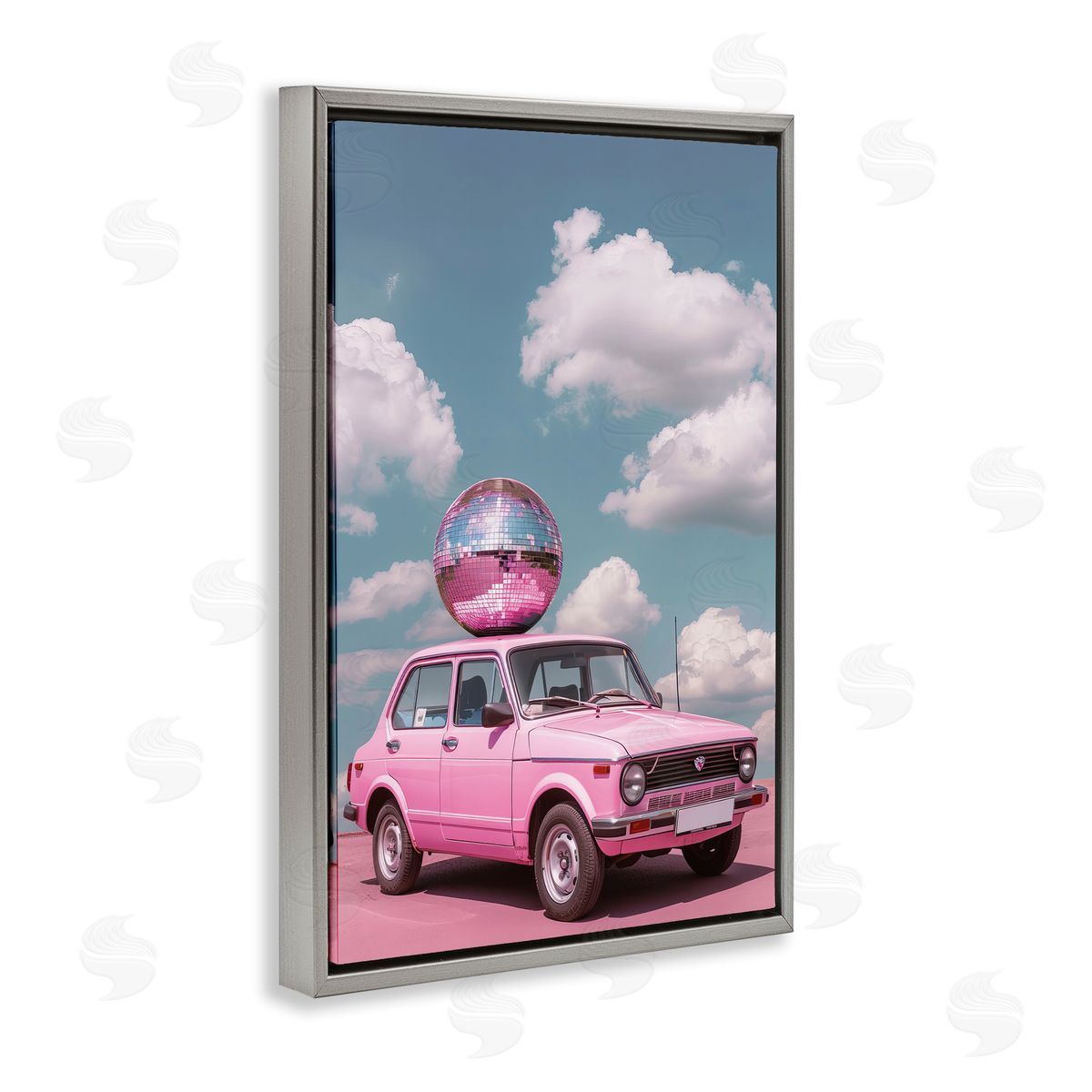 Disco Ball Car & Clouds Grey Floating Frame Canvas Wall Art, Home Decor by LSR Design Studio