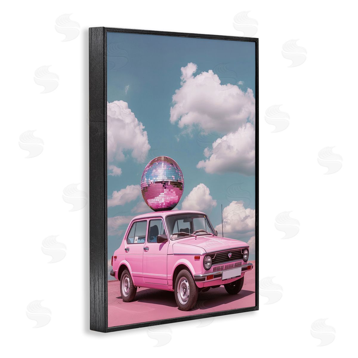 Disco Ball Car & Clouds Black Frame Print Wall Art, Home Decor by LSR Design Studio