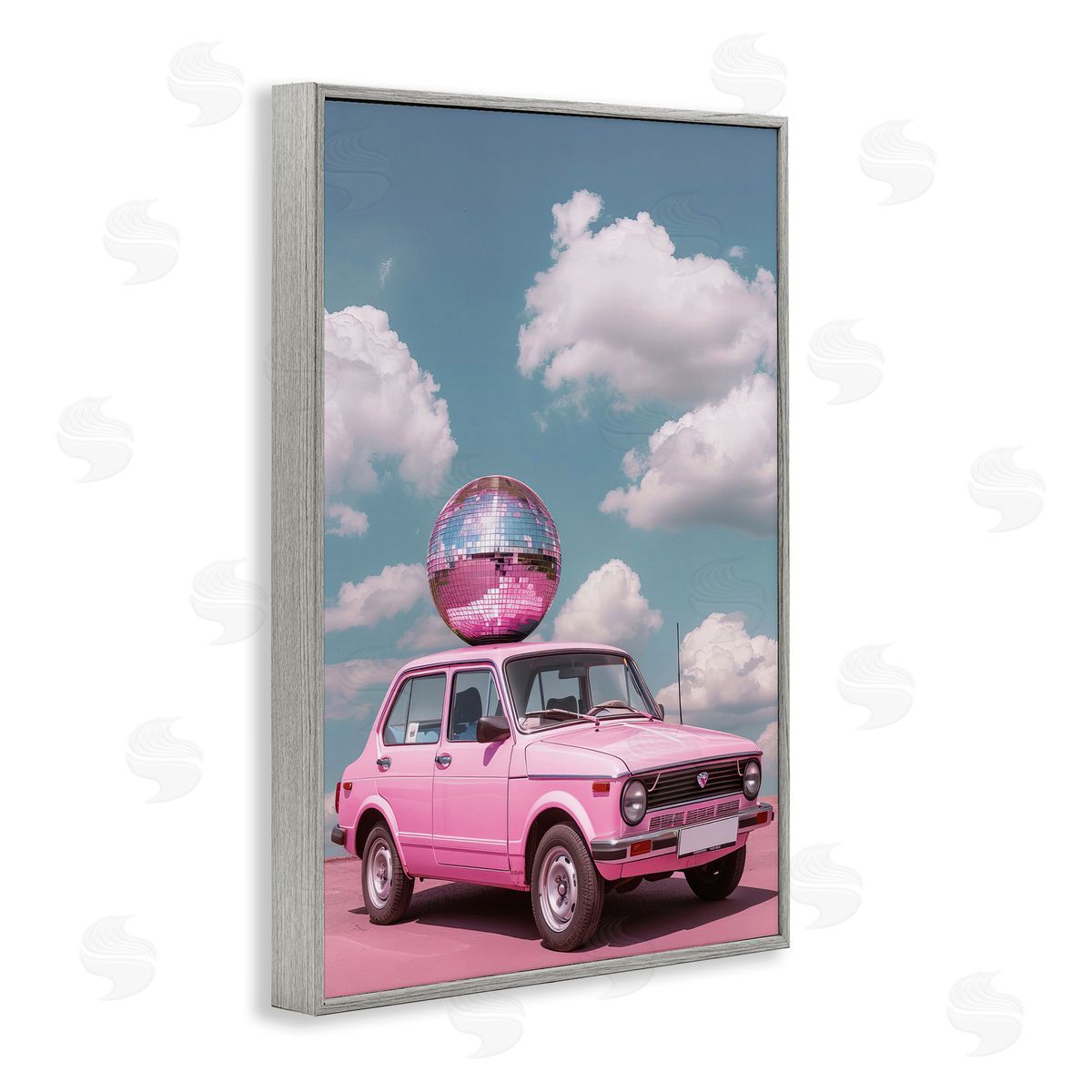 Disco Ball Car & Clouds Grey Frame Print Wall Art, Home Decor by LSR Design Studio