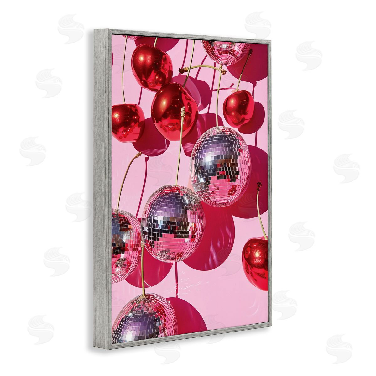 Cherry Disco Fruits Grey Frame Print Wall Art, Home Decor by LSR Design Studio