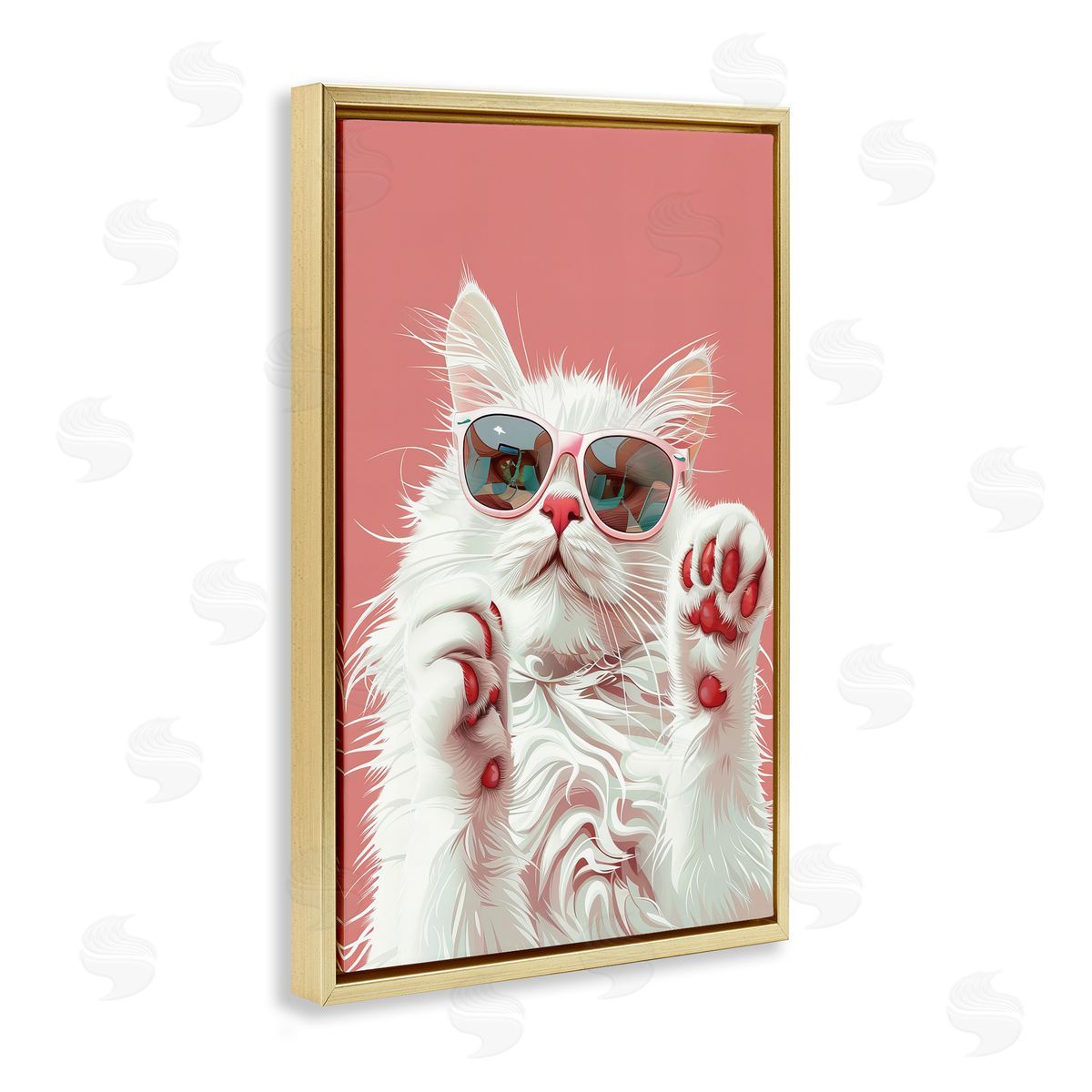 Glam Cat with Sunglasses Gold Floating Frame Canvas Wall Art, Home Decor by LSR Design Studio