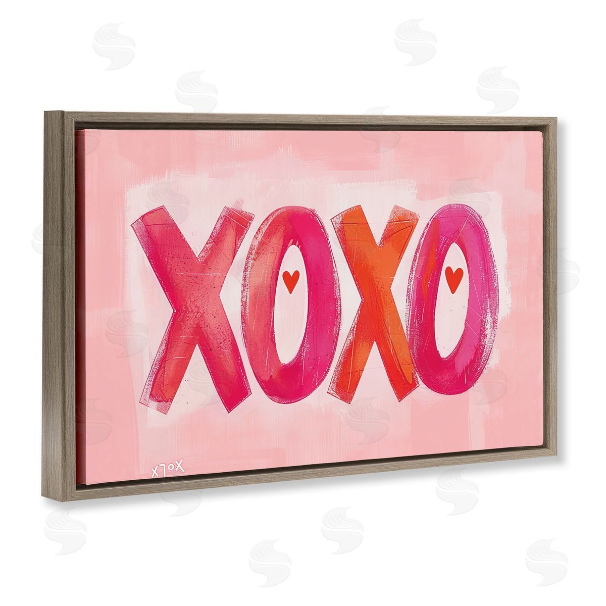 Pink XOXO with Hearts Brown Floating Frame Canvas Wall Art, Home Decor by LSR Design Studio