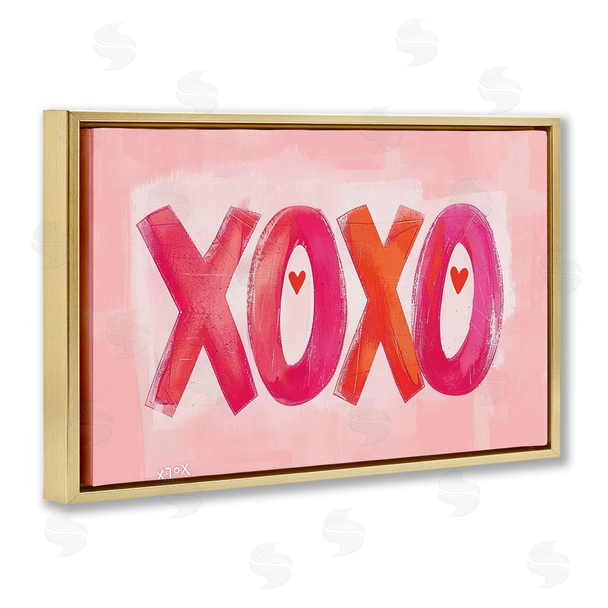 Pink XOXO with Hearts Gold Floating Frame Canvas Wall Art, Home Decor by LSR Design Studio