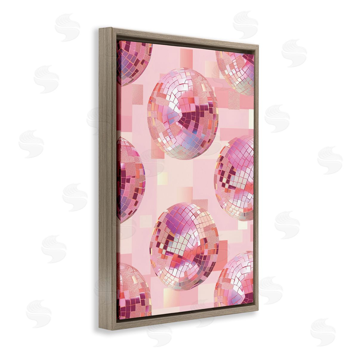 Feminine Pink Disco Balls Brown Floating Frame Canvas Wall Art, Home Decor by LSR Design Studio