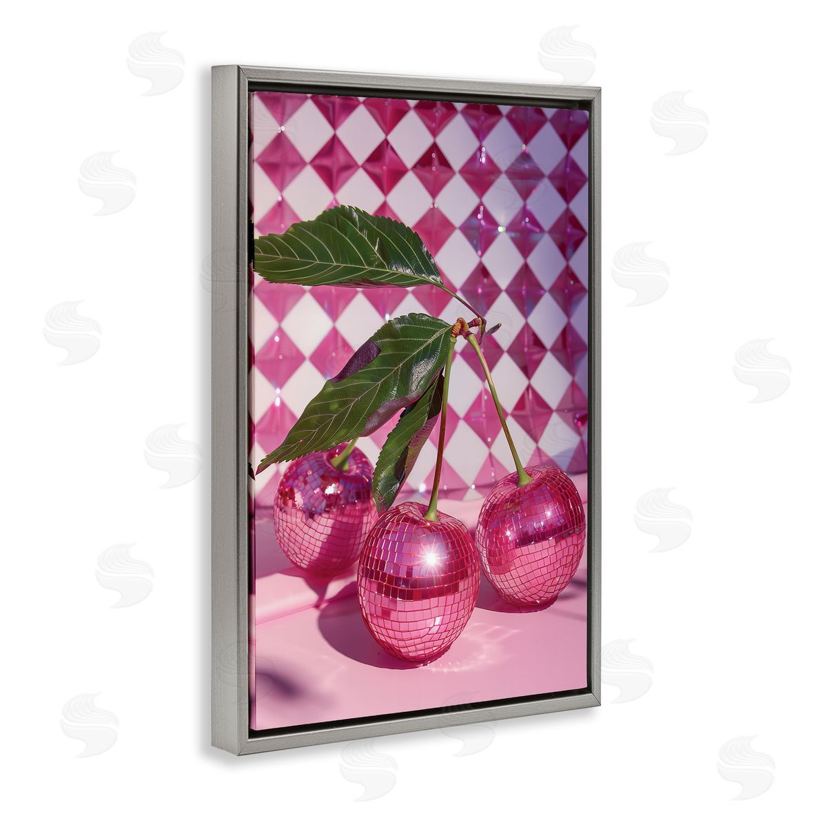 Groovy Cherry Disco Balls Grey Floating Frame Canvas Wall Art, Home Decor by LSR Design Studio