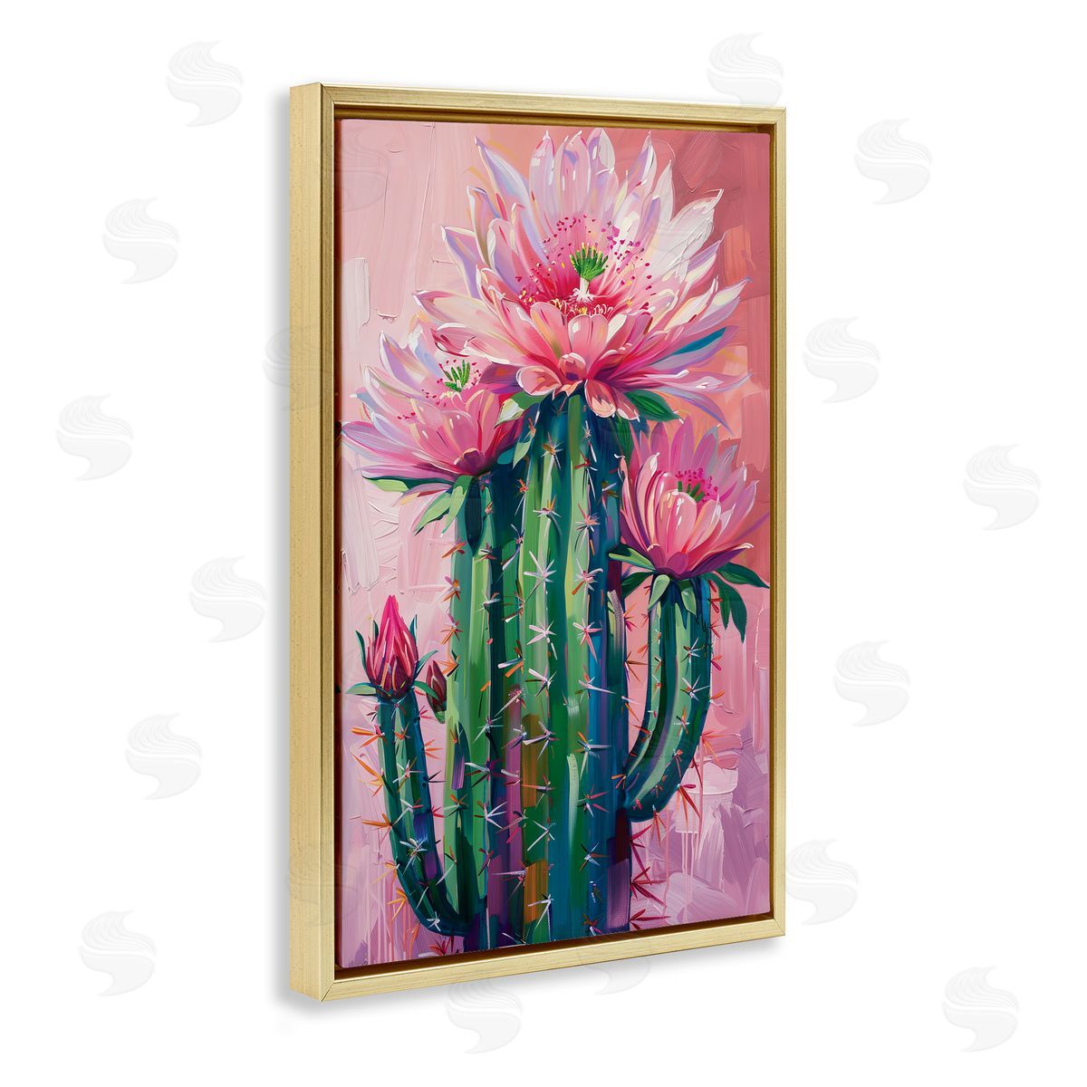 Pink Blossomed Cactus Gold Floating Frame Canvas Wall Art, Home Decor by LSR Design Studio