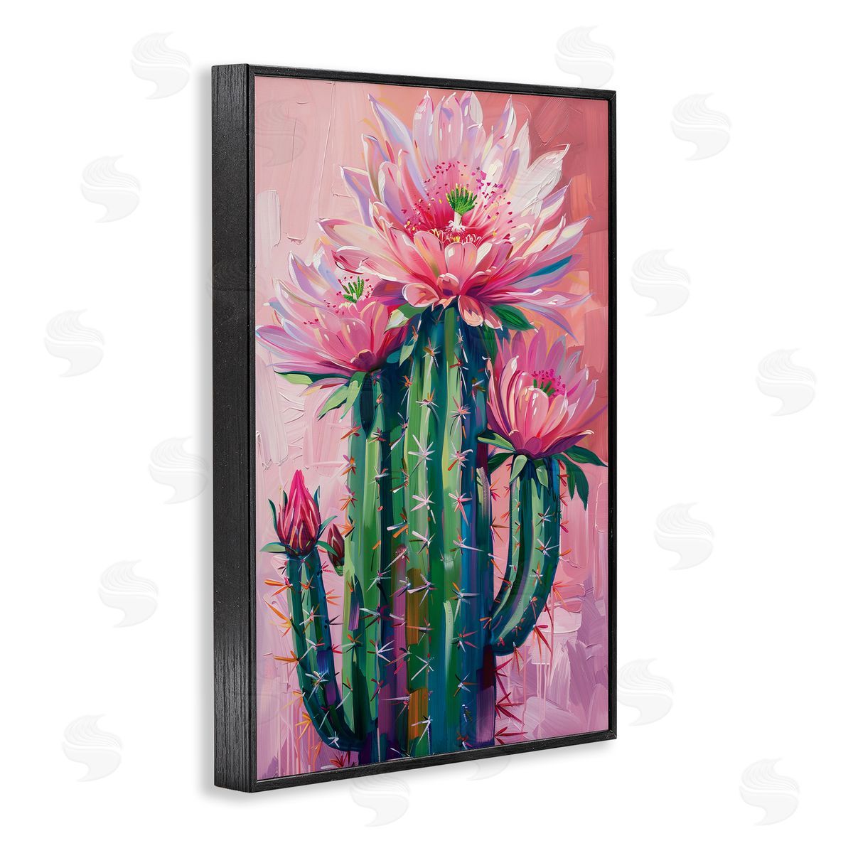 Pink Blossomed Cactus Black Frame Print Wall Art, Home Decor by LSR Design Studio
