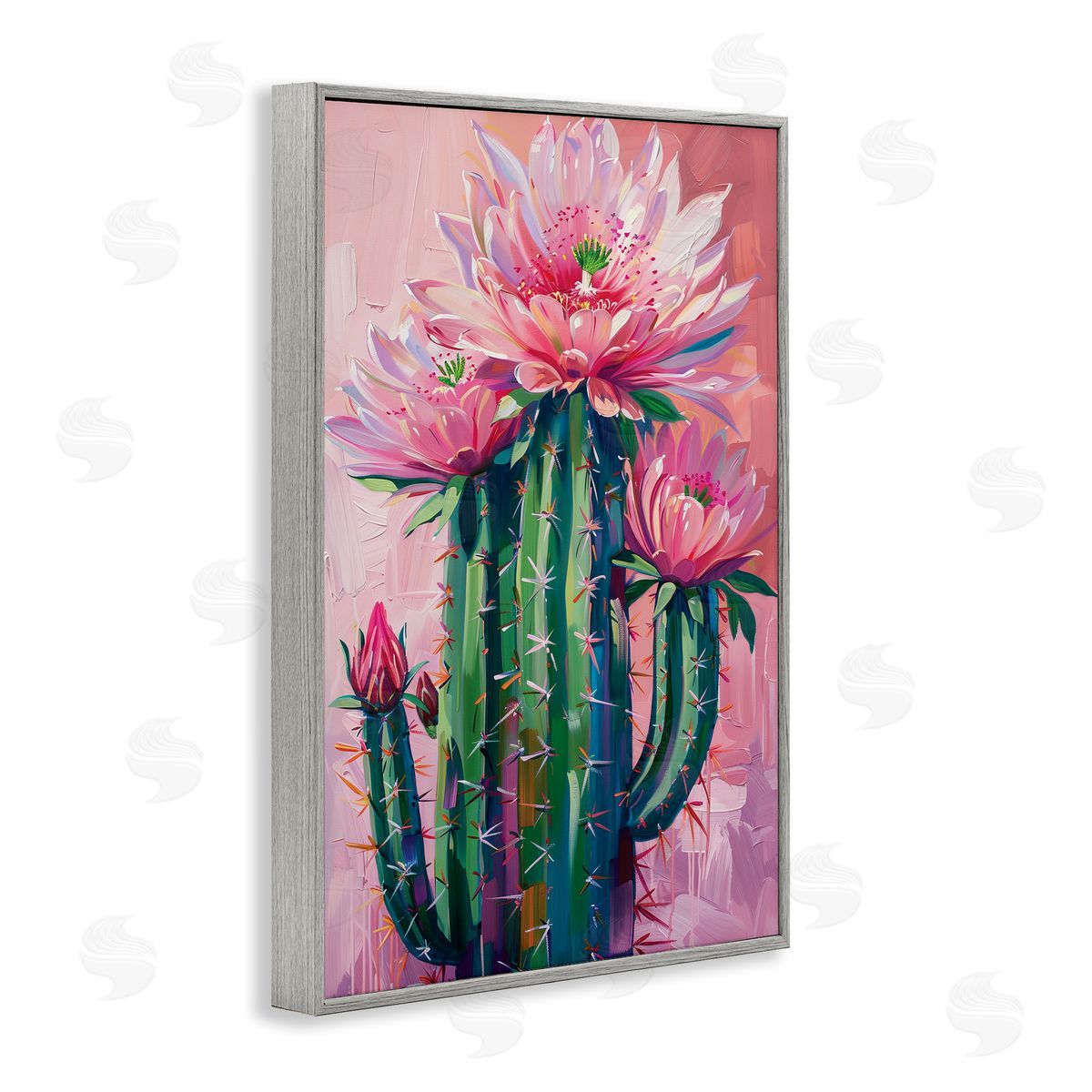 Pink Blossomed Cactus Grey Frame Print Wall Art, Home Decor by LSR Design Studio
