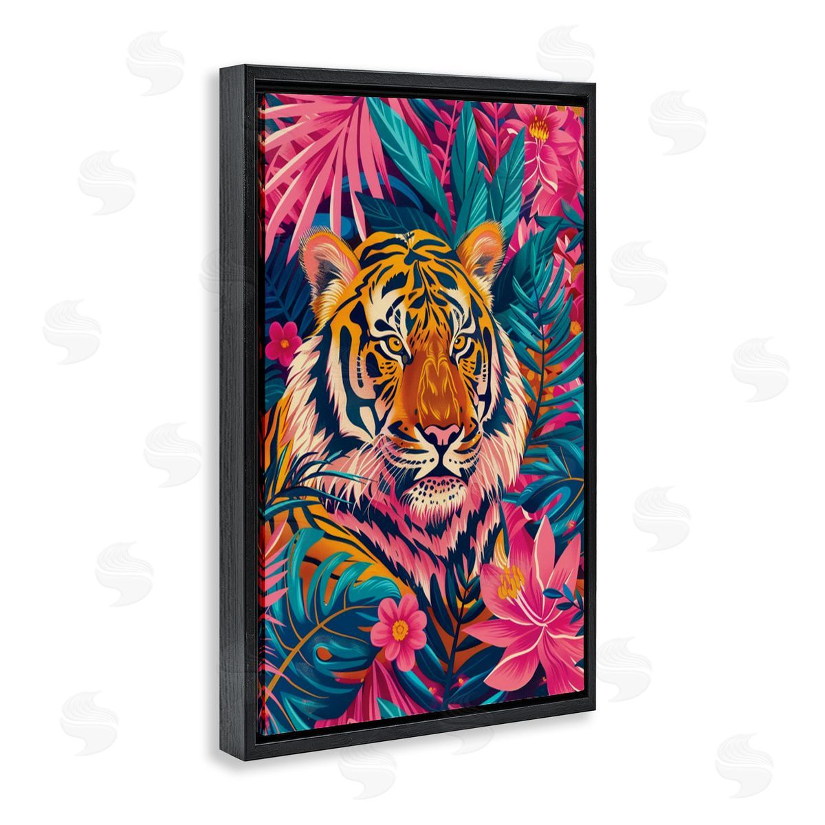 Tropical Tiger Among Leaves Black Floating Frame Canvas Wall Art, Home Decor by LSR Design Studio