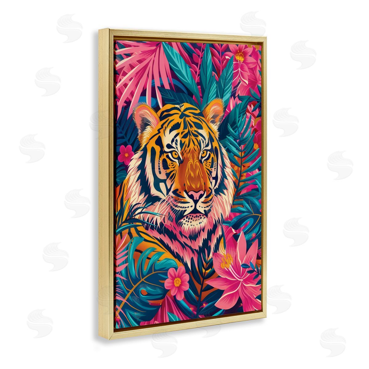 Tropical Tiger Among Leaves Gold Floating Frame Canvas Wall Art, Home Decor by LSR Design Studio