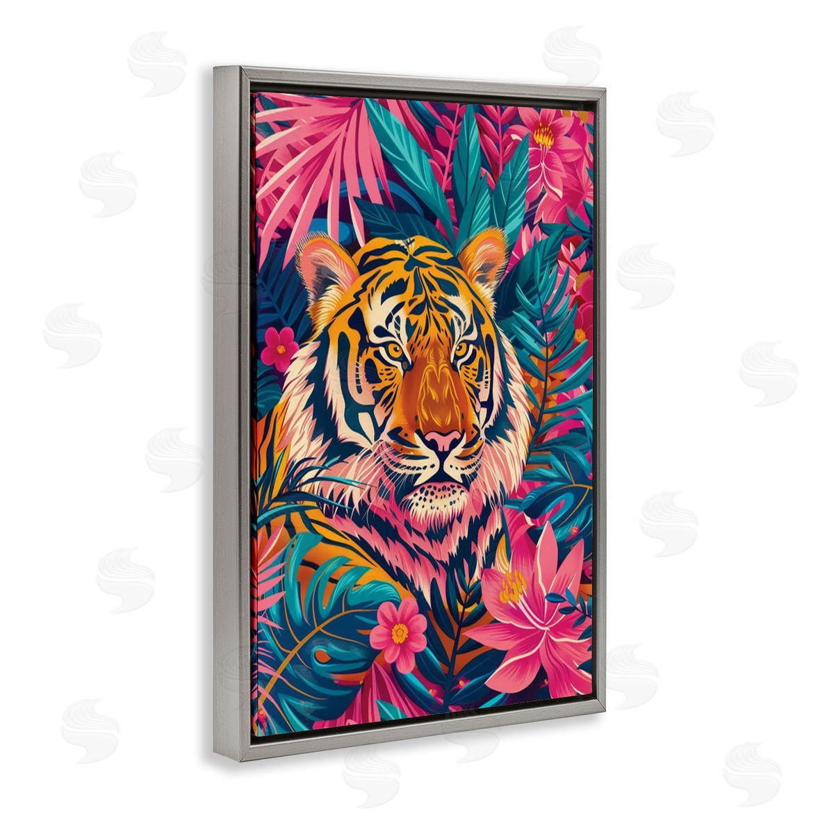 Tropical Tiger Among Leaves Grey Floating Frame Canvas Wall Art, Home Decor by LSR Design Studio