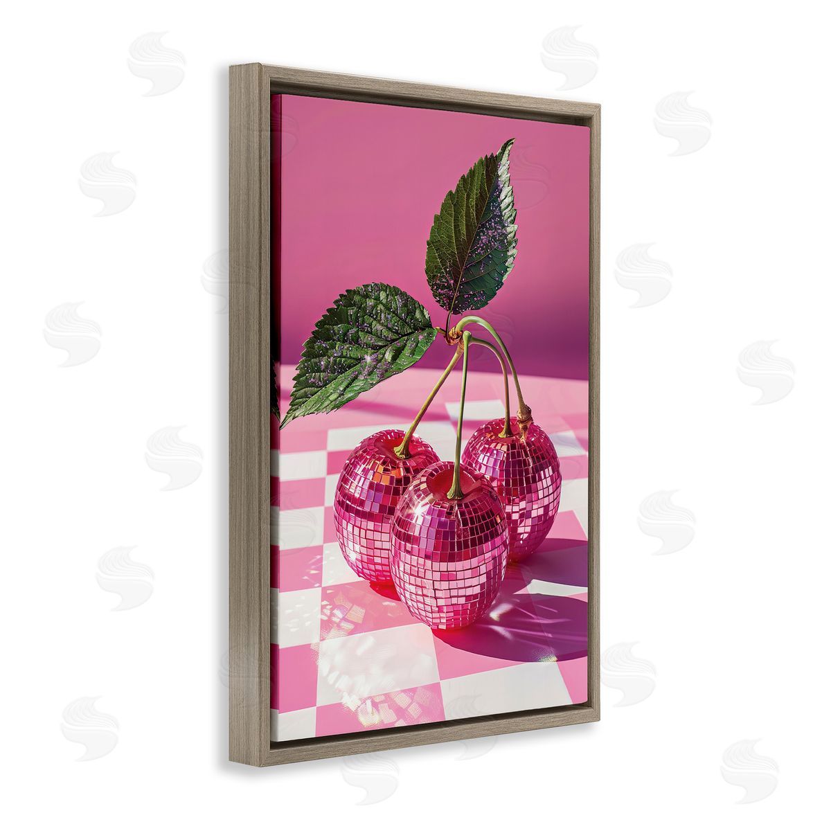 Disco Cherries on Checkered Brown Floating Frame Canvas Wall Art, Home Decor by LSR Design Studio
