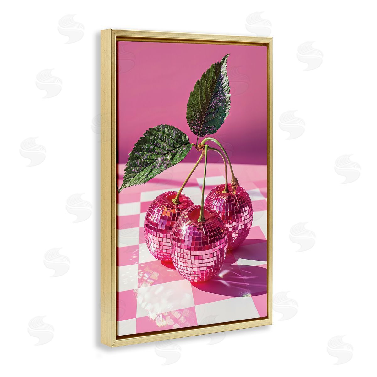 Disco Cherries on Checkered Gold Floating Frame Canvas Wall Art, Home Decor by LSR Design Studio
