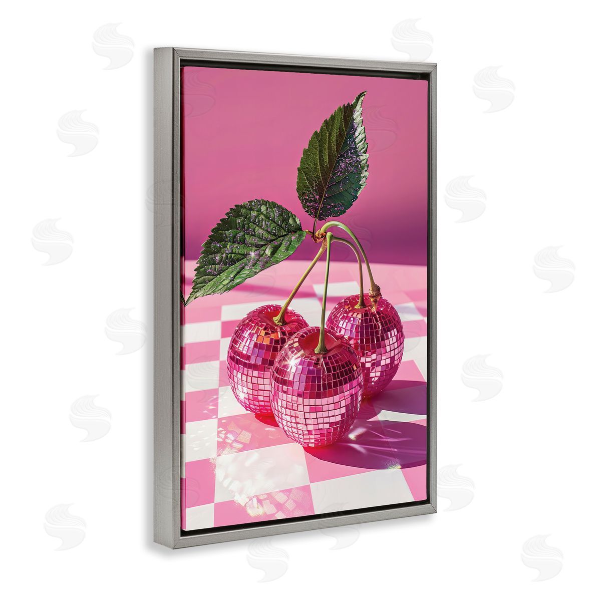 Disco Cherries on Checkered Grey Floating Frame Canvas Wall Art, Home Decor by LSR Design Studio
