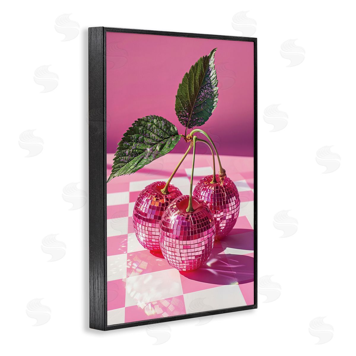 Disco Cherries on Checkered Black Frame Print Wall Art, Home Decor by LSR Design Studio