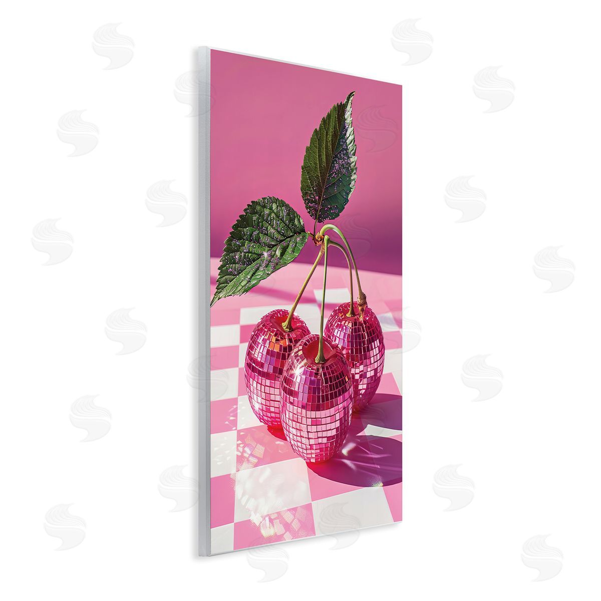 Disco Cherries on Checkered Wood Plaque Wall Art, Home Decor by LSR Design Studio