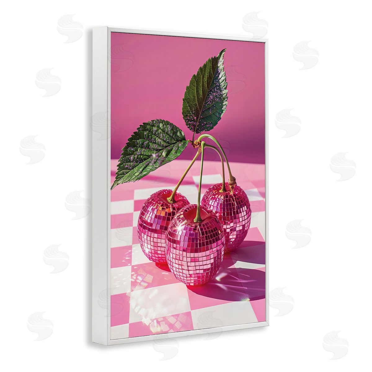 Disco Cherries on Checkered White Frame Print Wall Art, Home Decor by LSR Design Studio