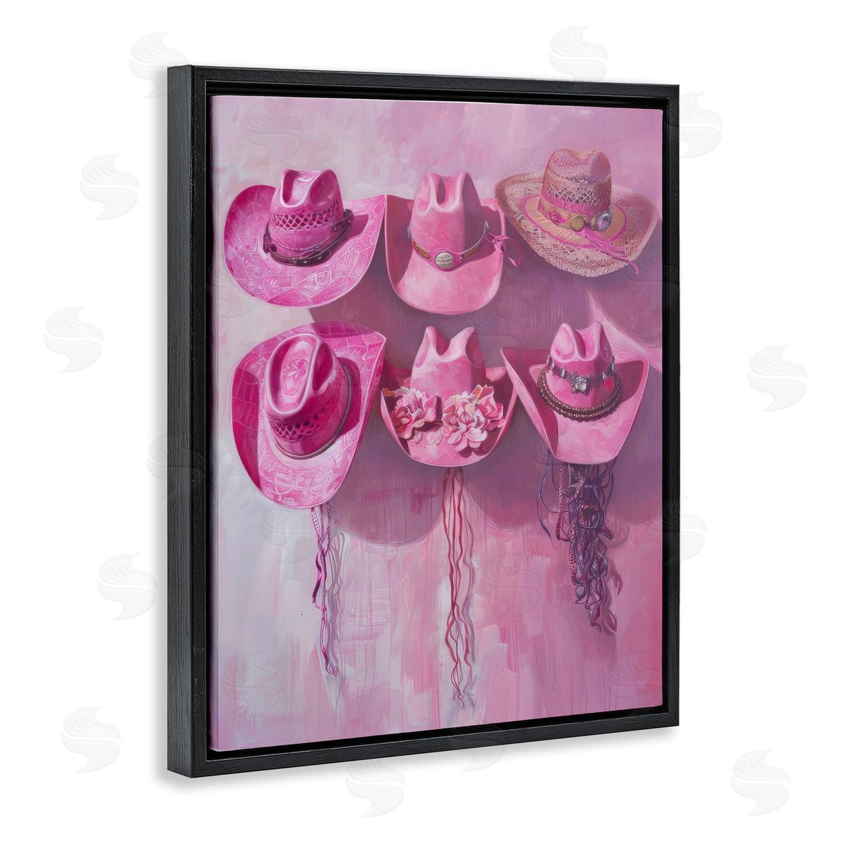 Hanging Pink Cowgirl Hats Black Floating Frame Canvas Wall Art, Home Decor by LSR Design Studio