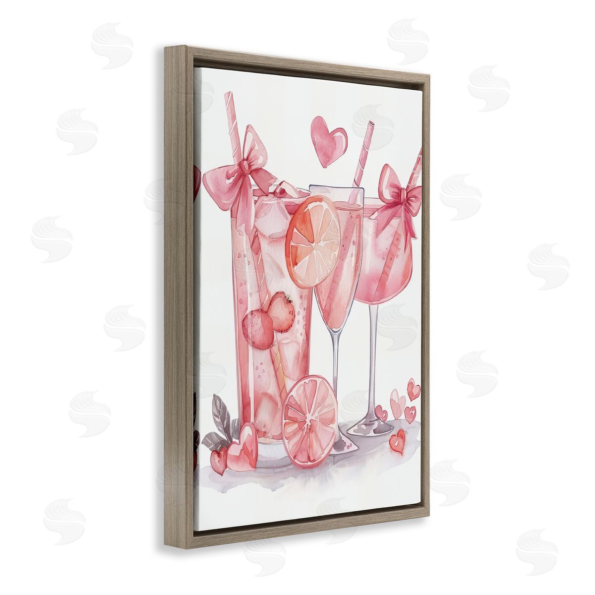 Pink Glam Cocktail Party Brown Floating Frame Canvas Wall Art, Home Decor by LSR Design Studio