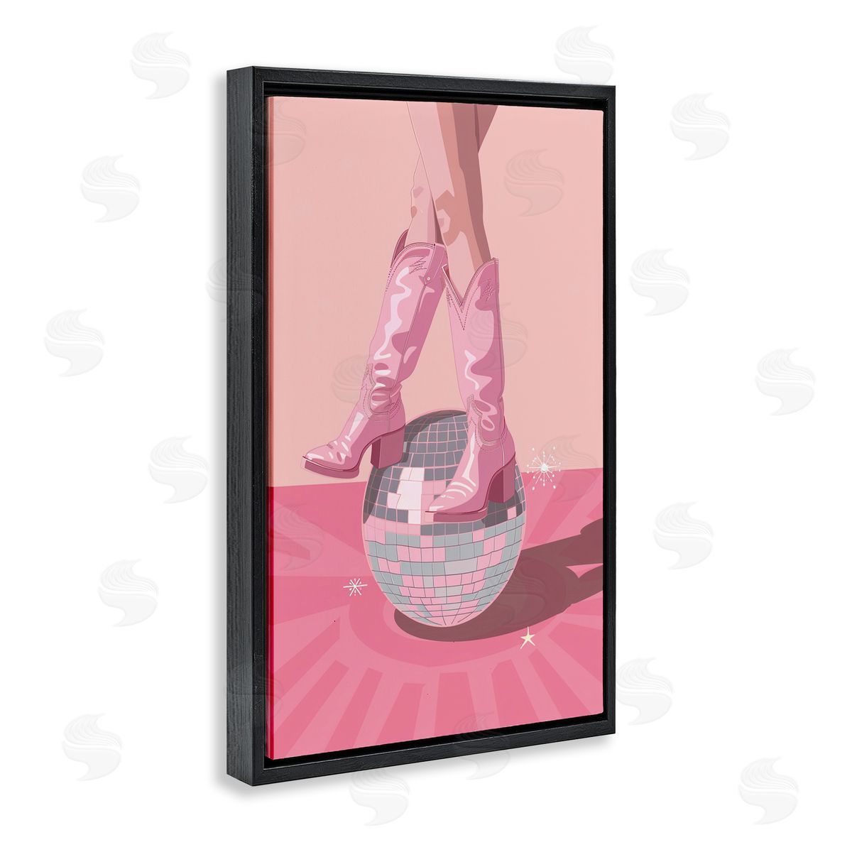 Pink Disco Cowgirl Balancing Black Floating Frame Canvas Wall Art, Home Decor by LSR Design Studio