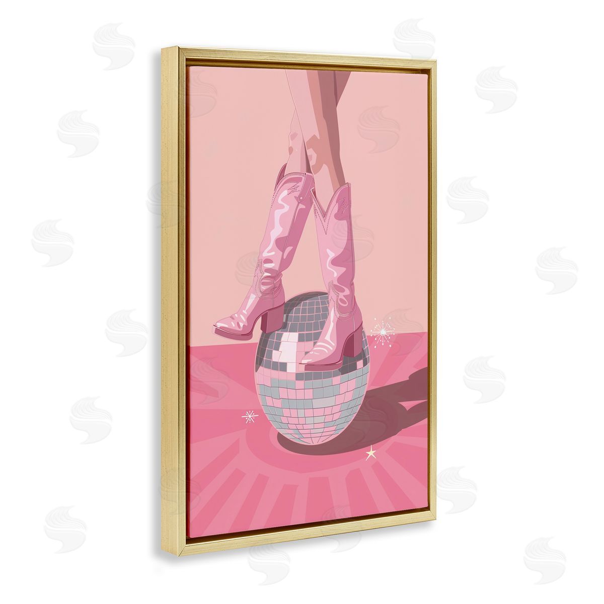 Pink Disco Cowgirl Balancing Gold Floating Frame Canvas Wall Art, Home Decor by LSR Design Studio