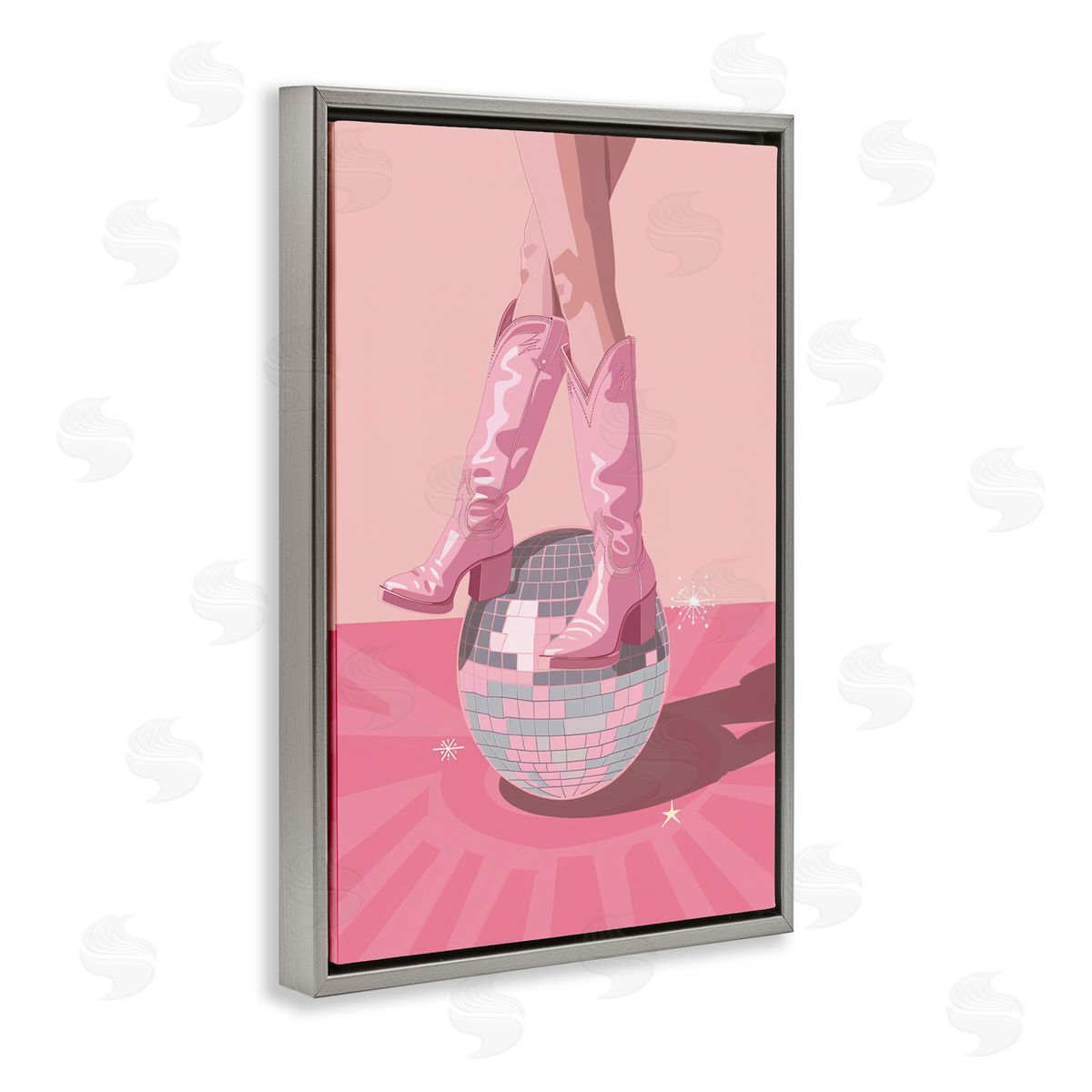 Pink Disco Cowgirl Balancing Grey Floating Frame Canvas Wall Art, Home Decor by LSR Design Studio