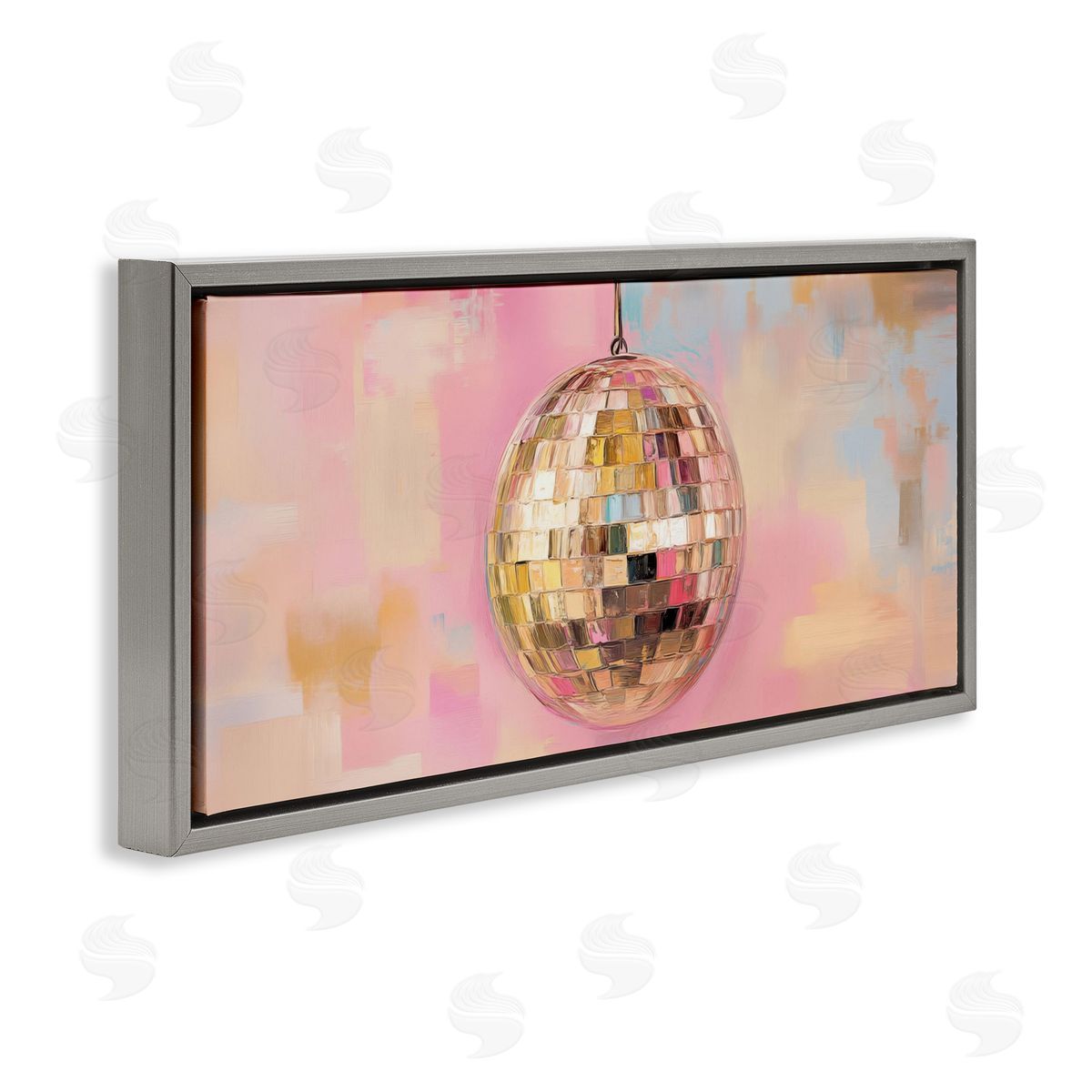 Gold Hued Disco Ball Grey Floating Frame Canvas Wall Art, Home Decor by Nini Art
