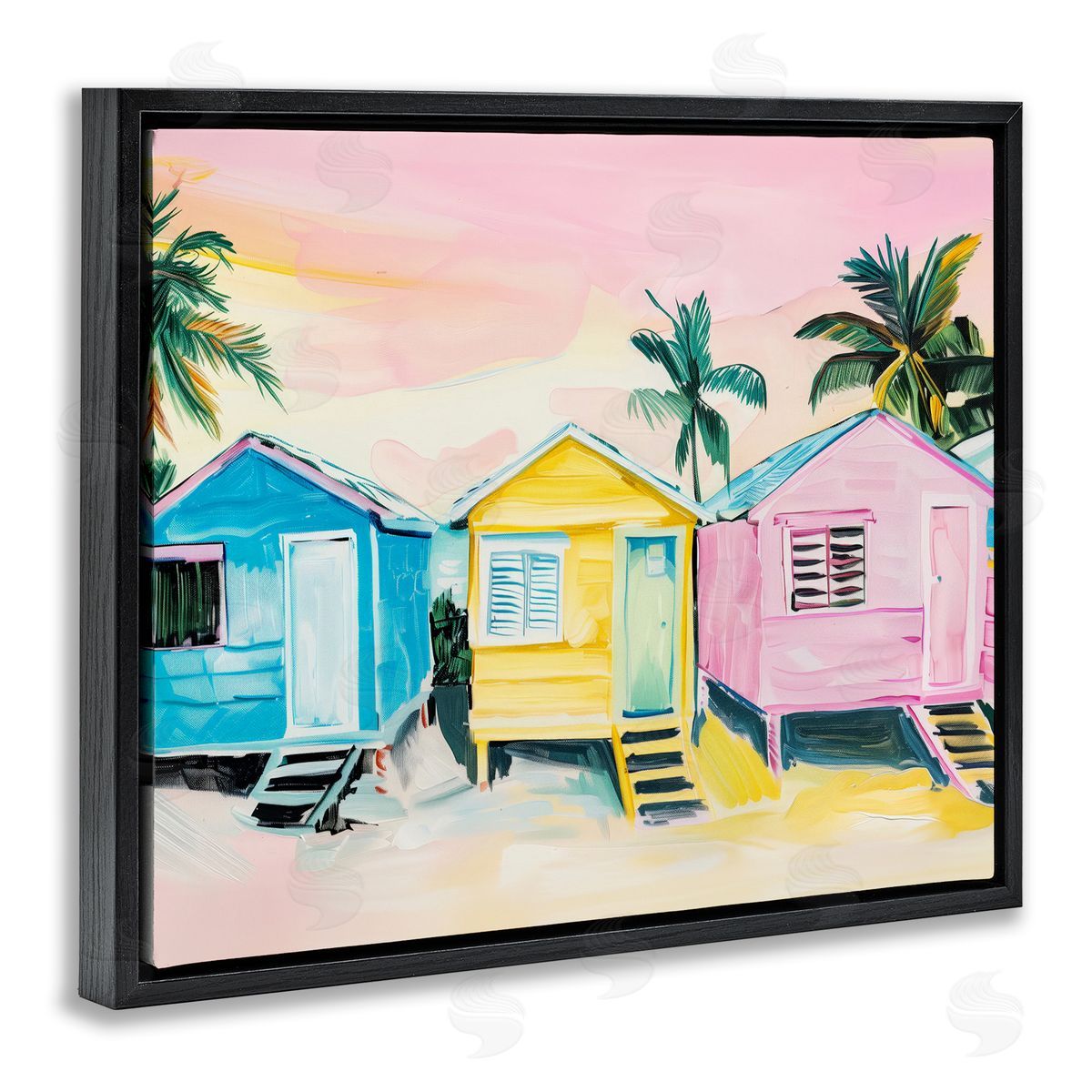 Pastel Tropical Beach Cabins Black Floating Frame Canvas Wall Art, Home Decor by Arlington Prints