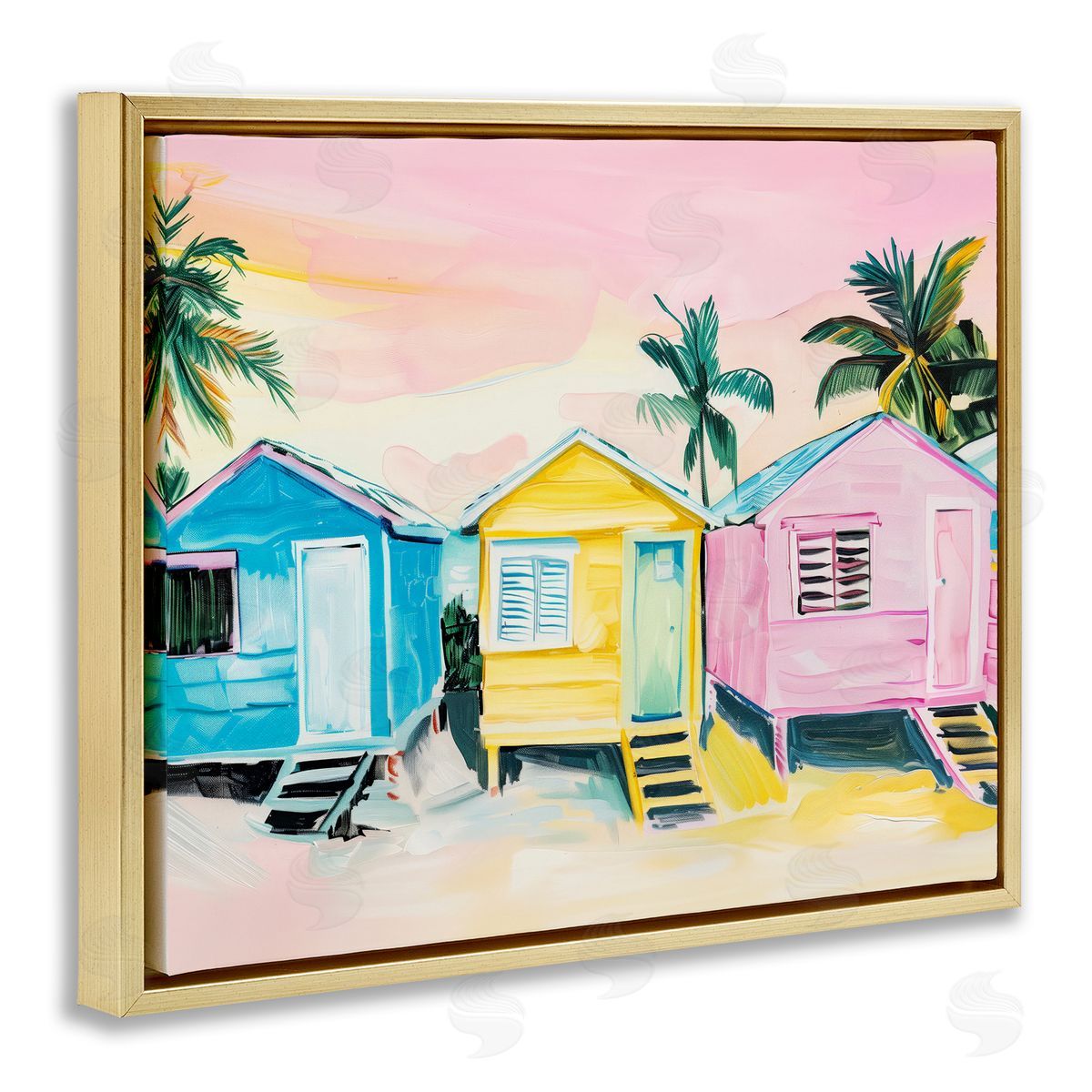 Pastel Tropical Beach Cabins Gold Floating Frame Canvas Wall Art, Home Decor by Arlington Prints