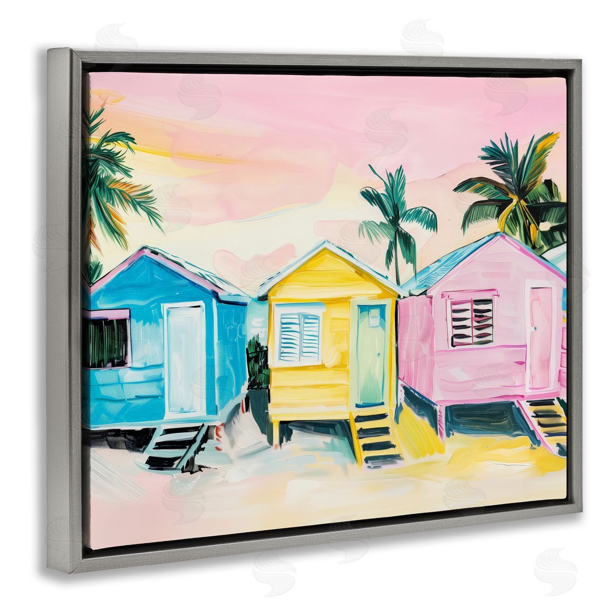 Pastel Tropical Beach Cabins Grey Floating Frame Canvas Wall Art, Home Decor by Arlington Prints