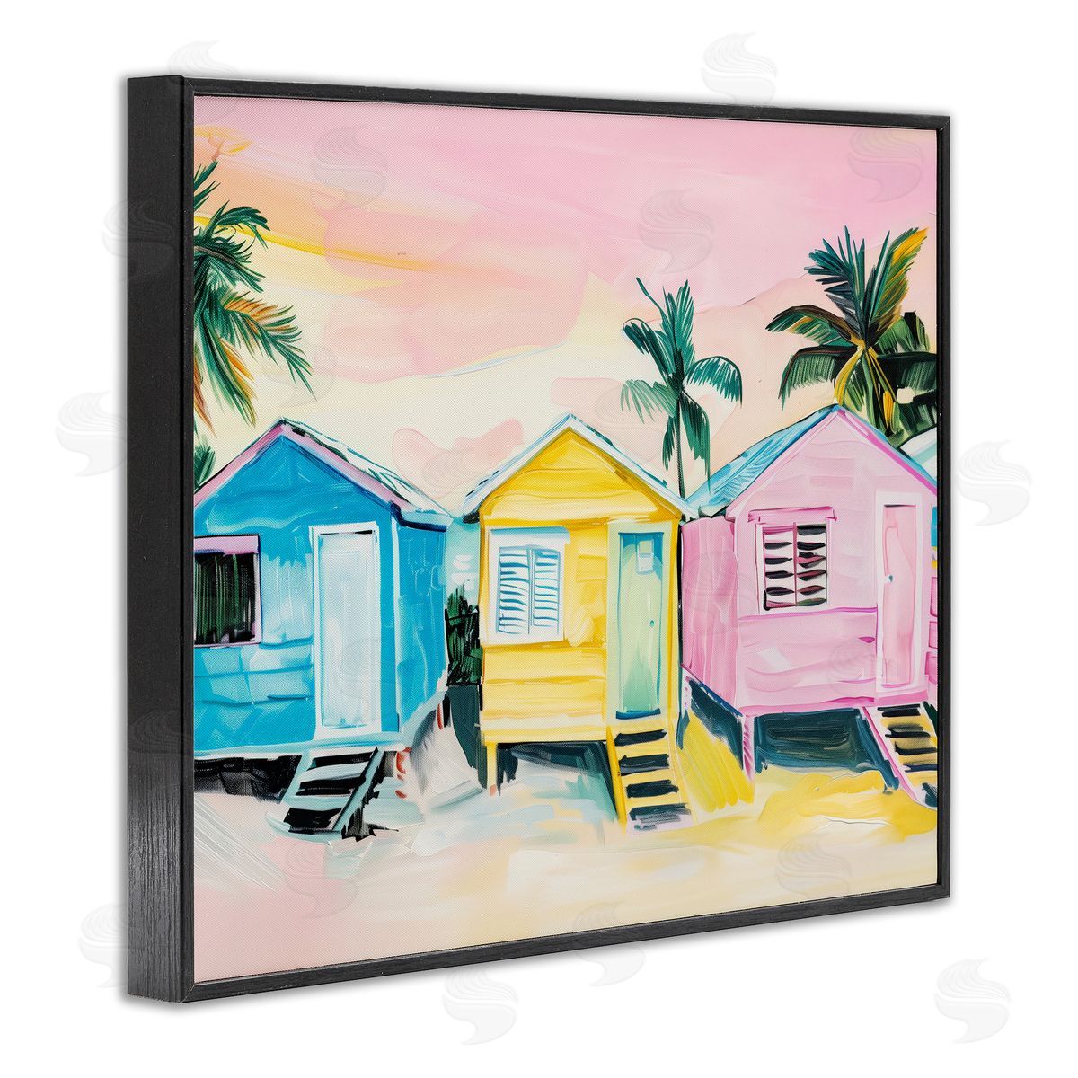 Pastel Tropical Beach Cabins Black Frame Print Wall Art, Home Decor by Arlington Prints