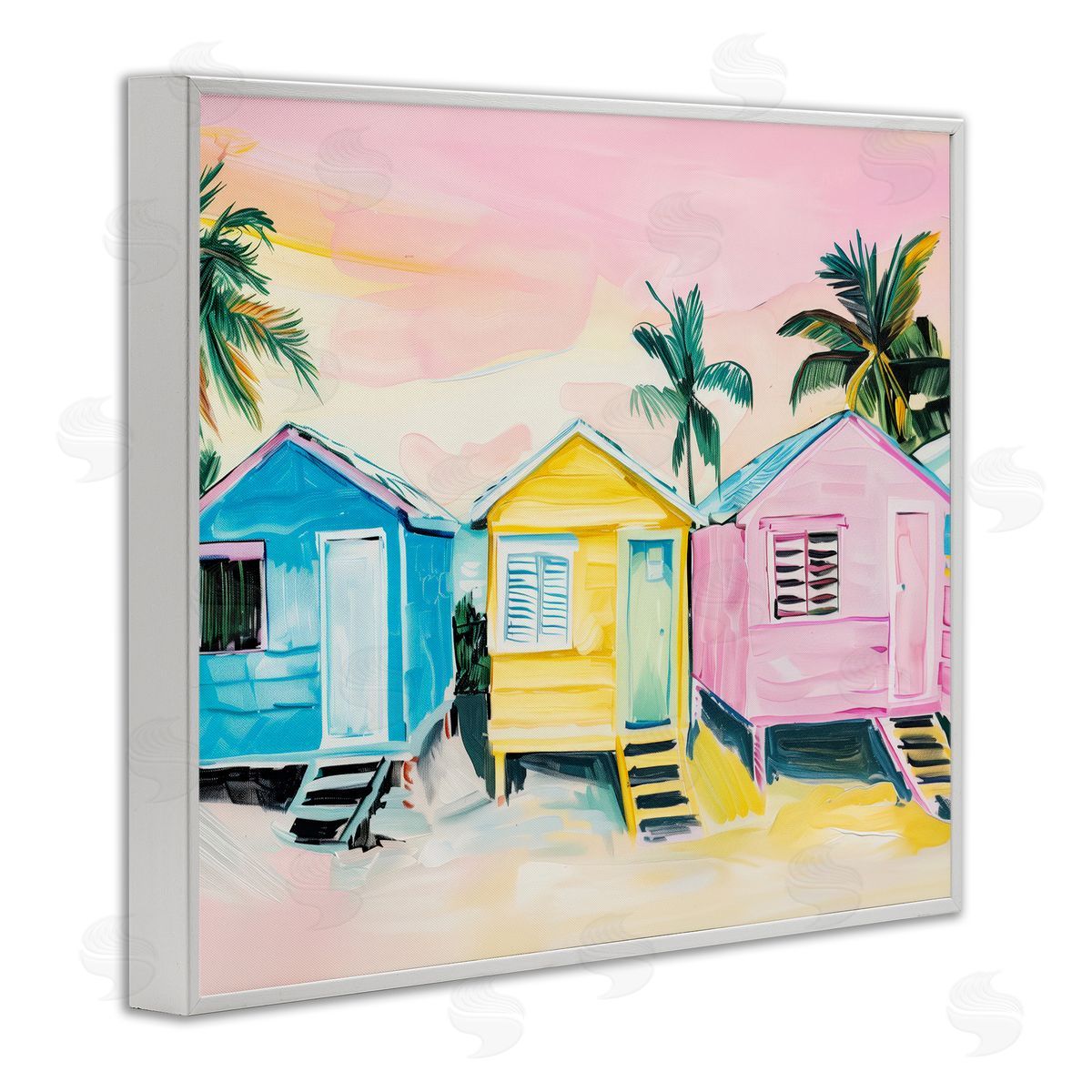 Pastel Tropical Beach Cabins White Frame Print Wall Art, Home Decor by Arlington Prints