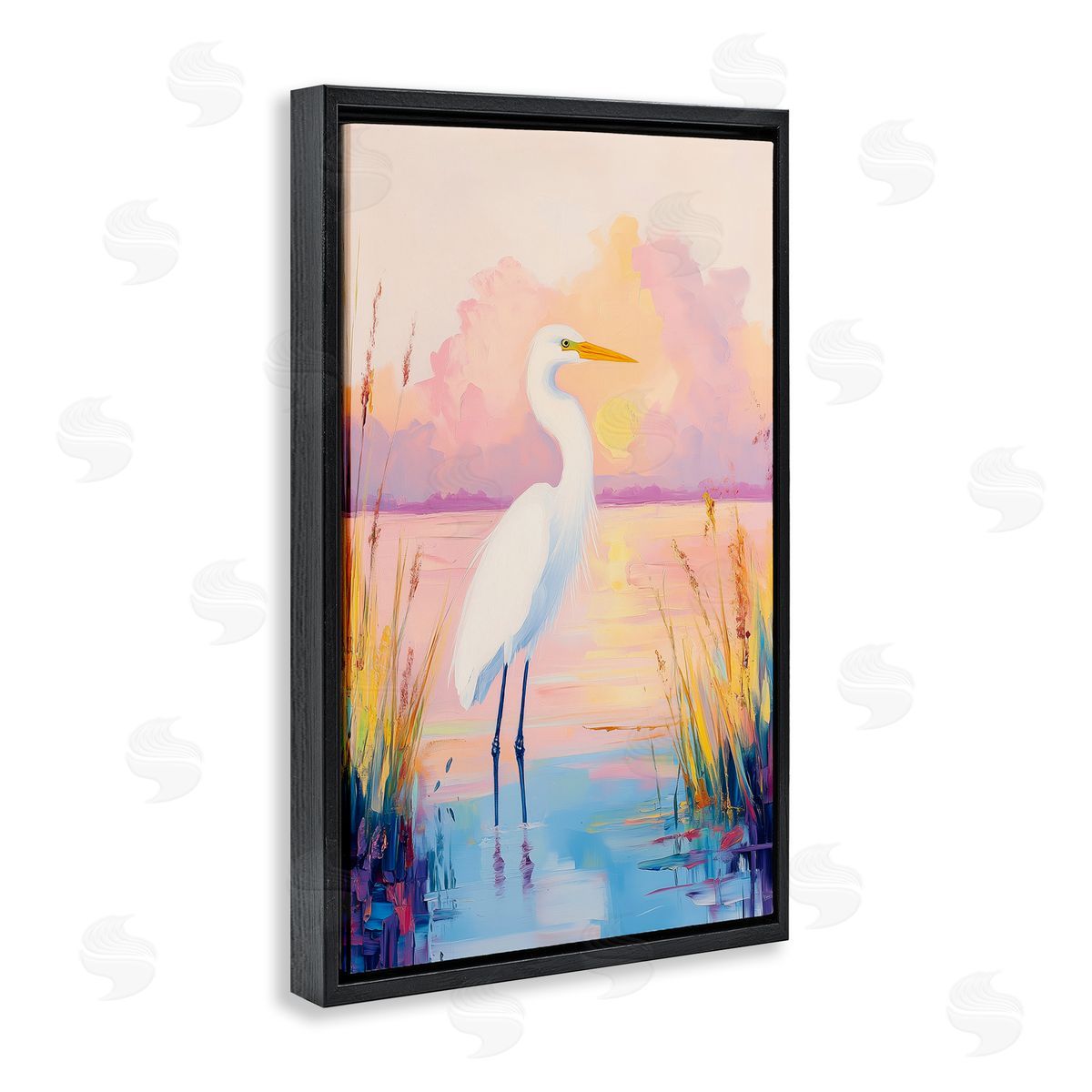 Egret under Beaming Sunset Black Floating Frame Canvas Wall Art, Home Decor by Arlington Prints