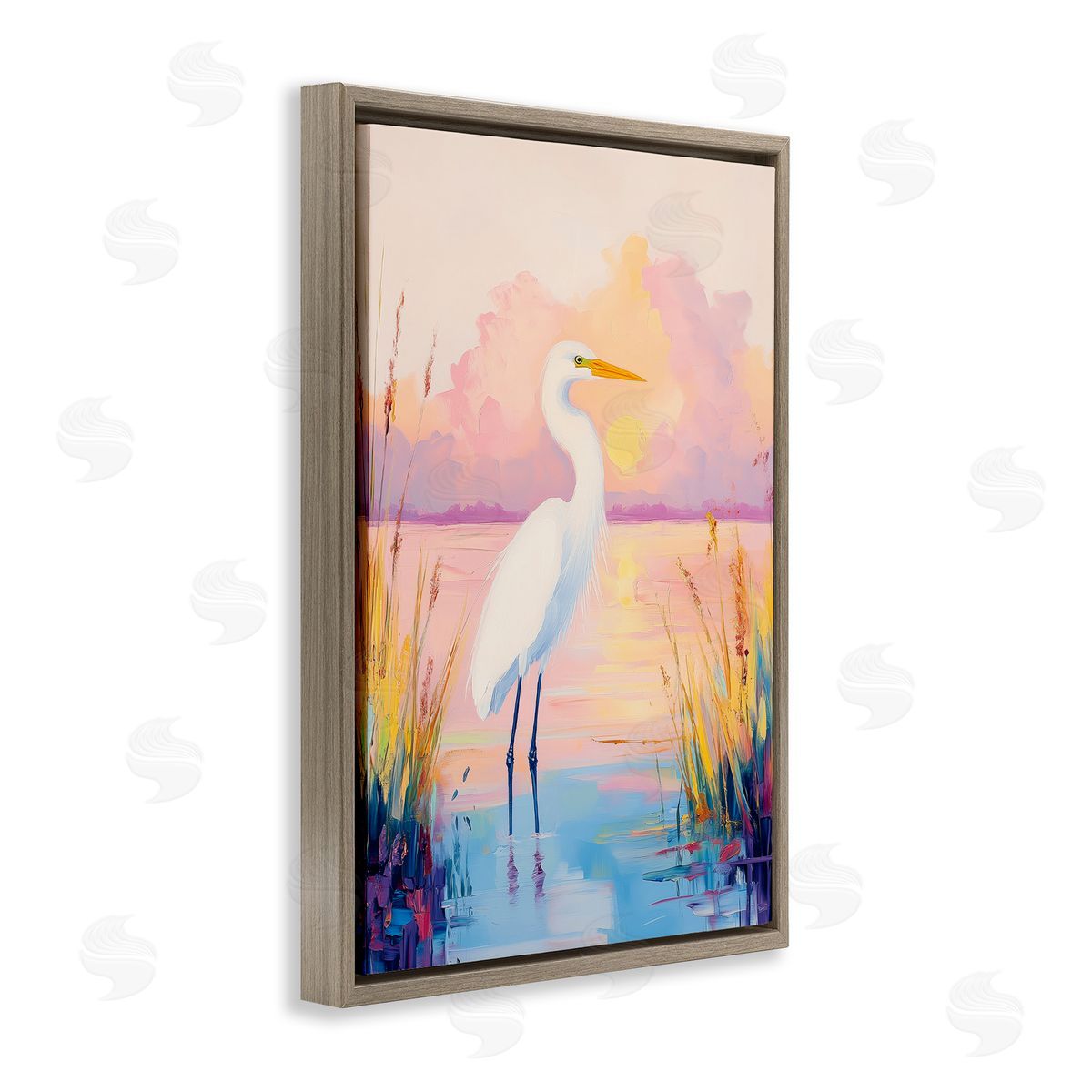 Egret under Beaming Sunset Brown Floating Frame Canvas Wall Art, Home Decor by Arlington Prints