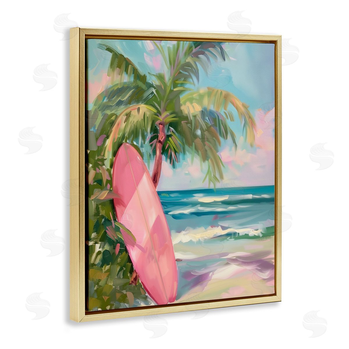 Pink Surfboard on Beach Gold Floating Frame Canvas Wall Art, Home Decor by Arlington Prints