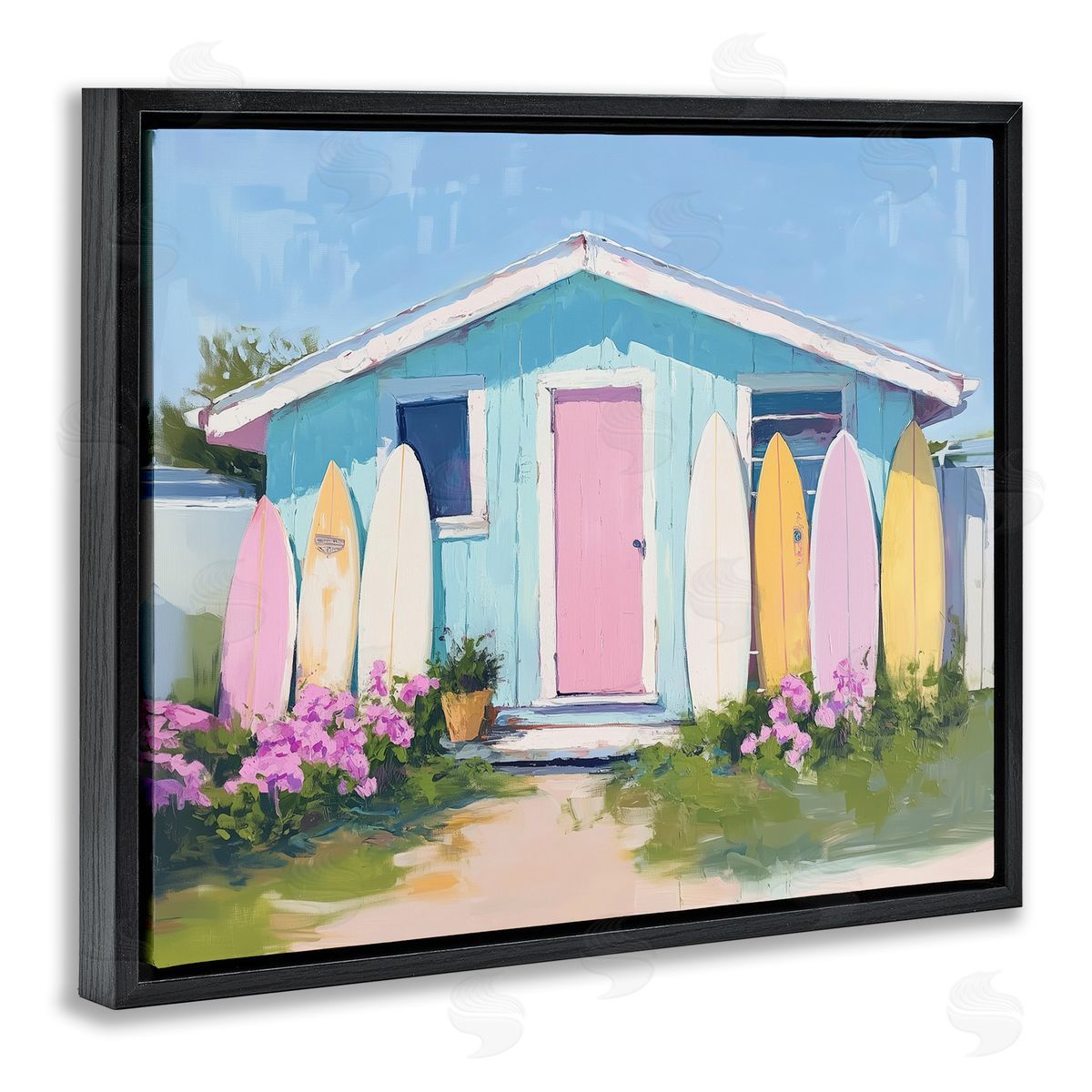 Cabin with Pastel Surfboards Black Floating Frame Canvas Wall Art, Home Decor by Arlington Prints