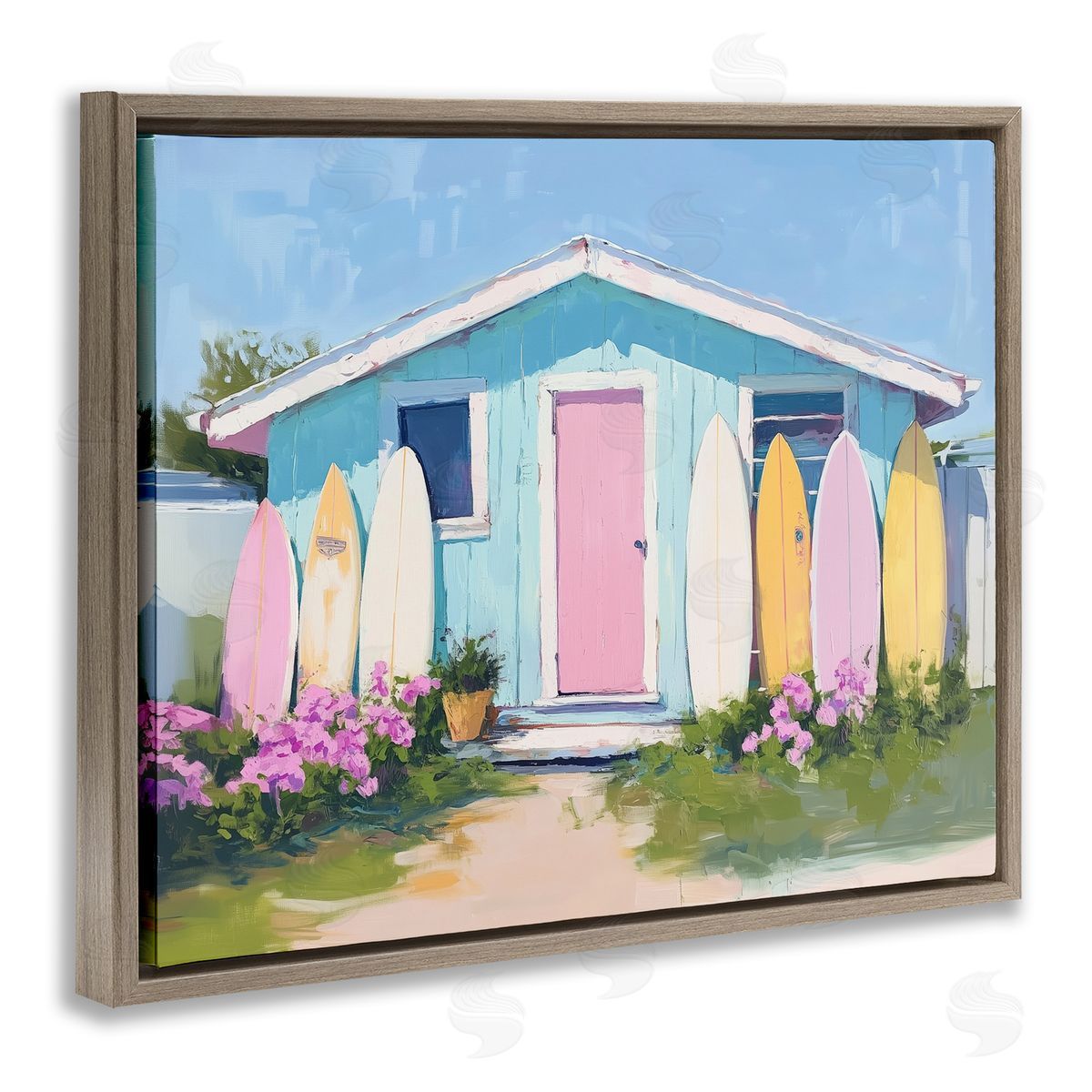 Cabin with Pastel Surfboards Brown Floating Frame Canvas Wall Art, Home Decor by Arlington Prints
