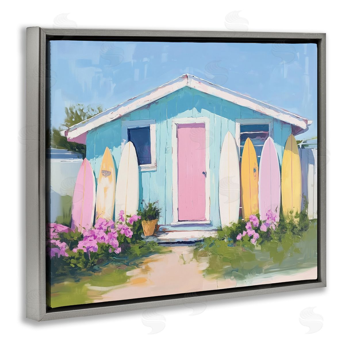 Cabin with Pastel Surfboards Grey Floating Frame Canvas Wall Art, Home Decor by Arlington Prints