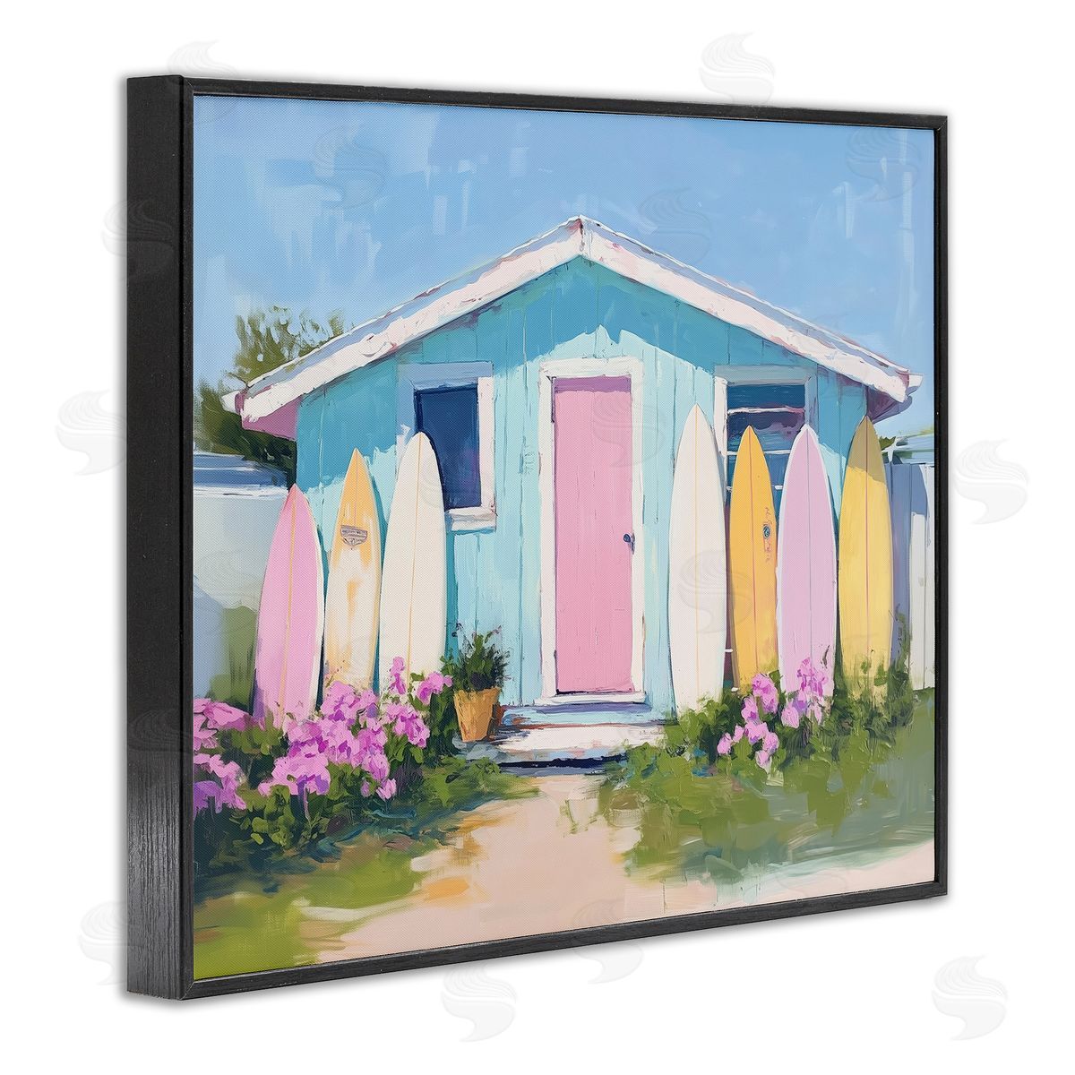 Cabin with Pastel Surfboards Black Frame Print Wall Art, Home Decor by Arlington Prints