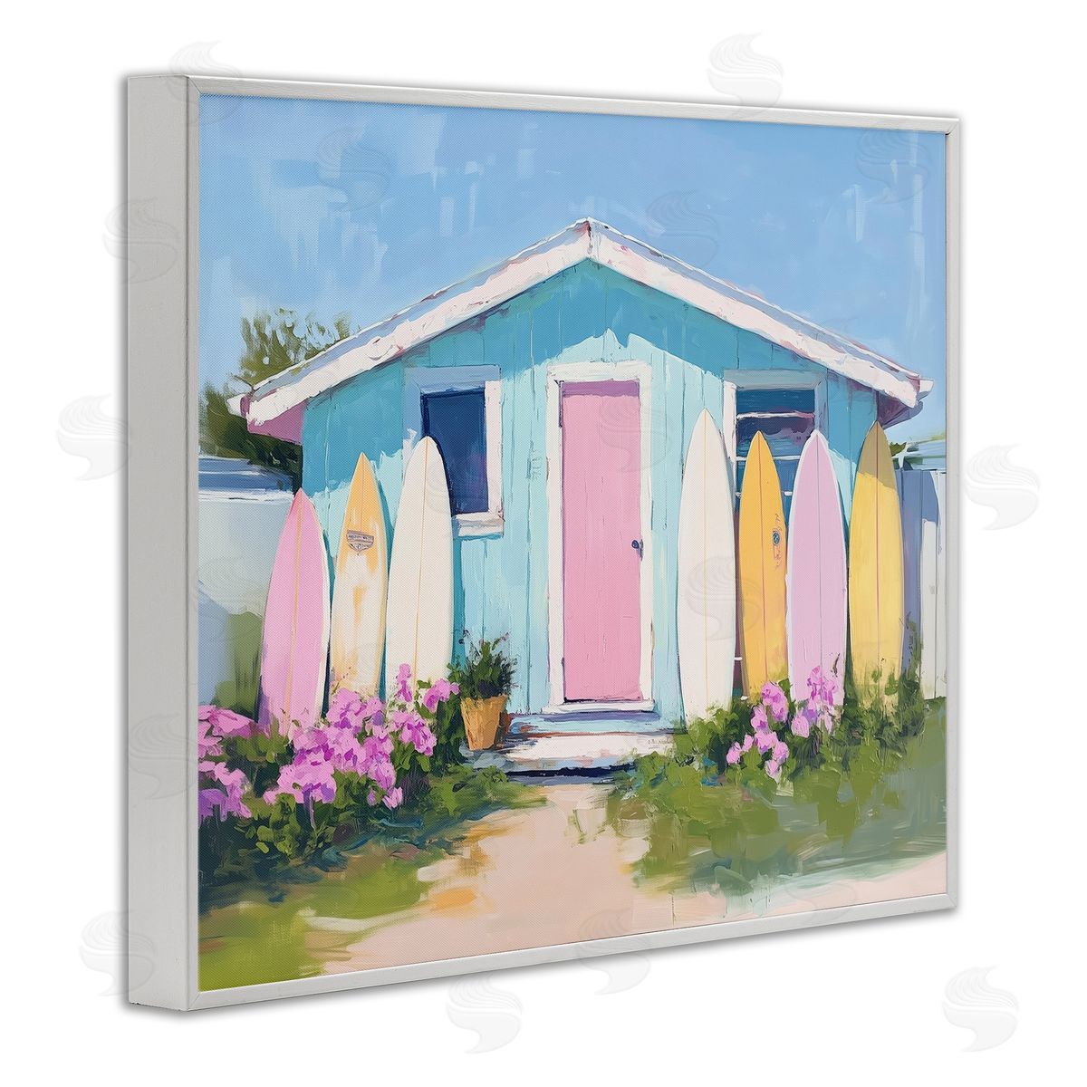 Cabin with Pastel Surfboards White Frame Print Wall Art, Home Decor by Arlington Prints