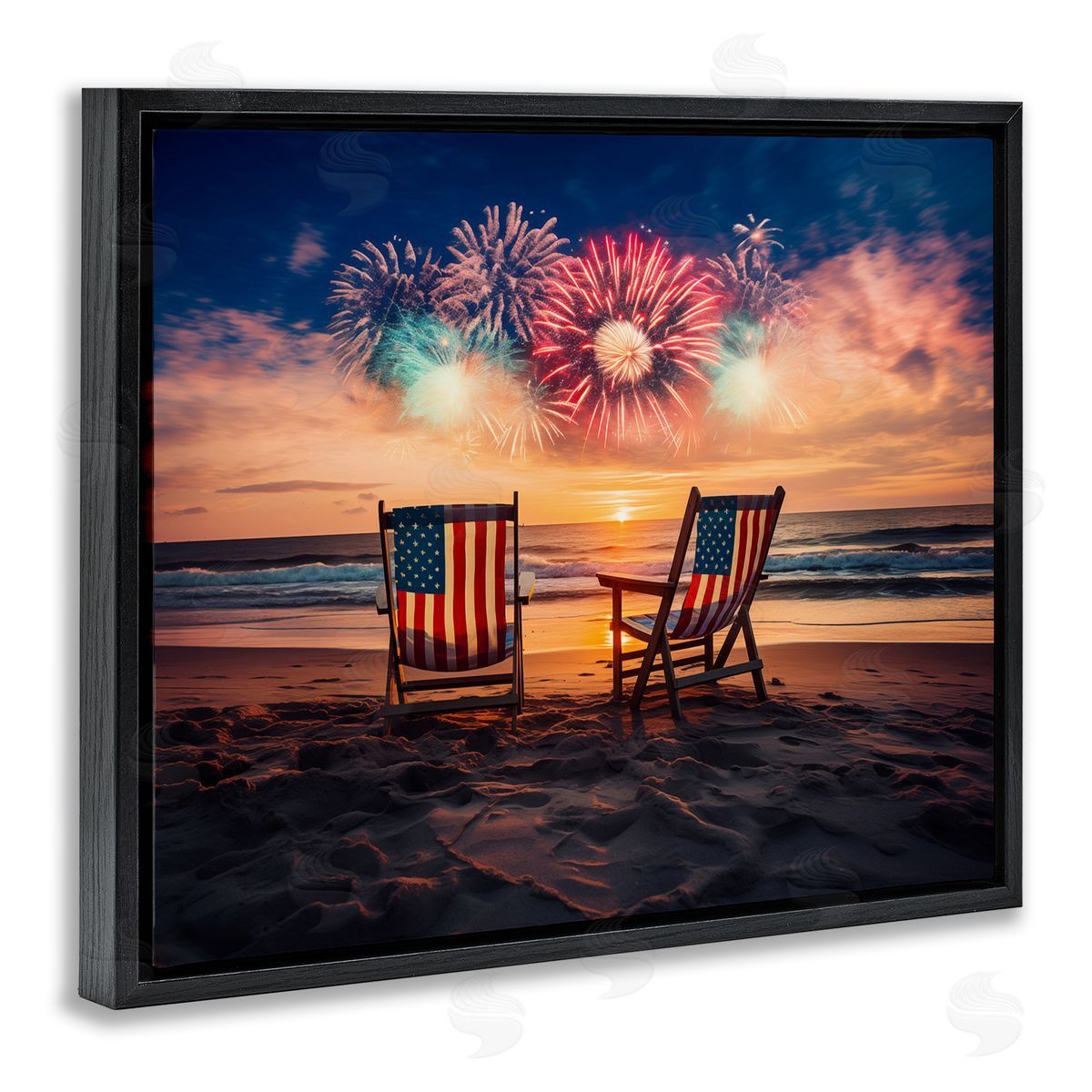 Summer Fireworks at Beach Black Floating Frame Canvas Wall Art, Home Decor by Arlington Prints