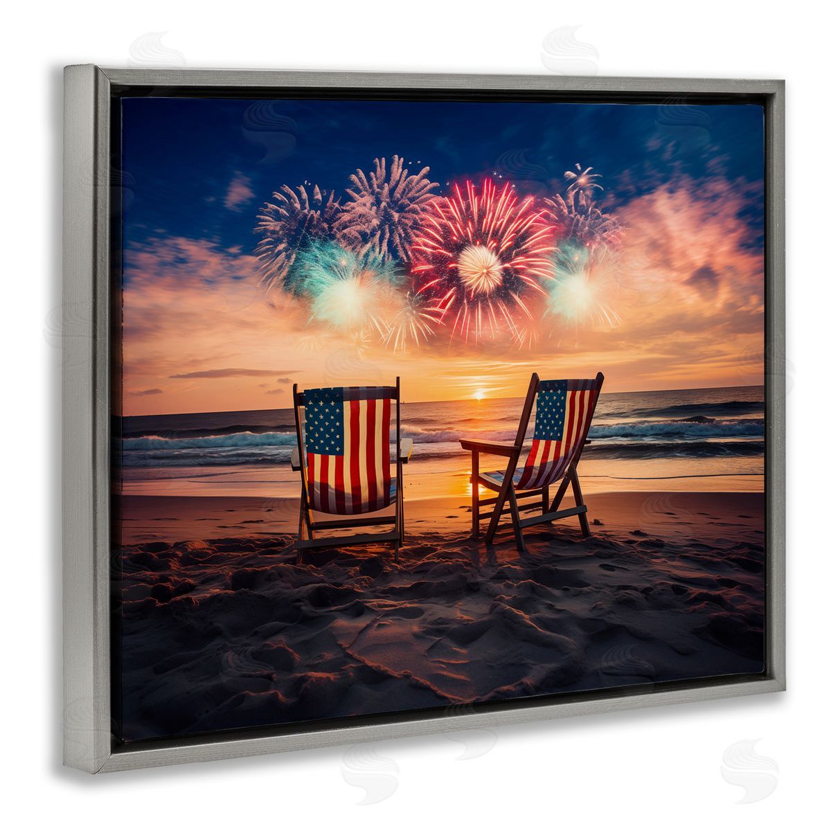 Summer Fireworks at Beach Grey Floating Frame Canvas Wall Art, Home Decor by Arlington Prints